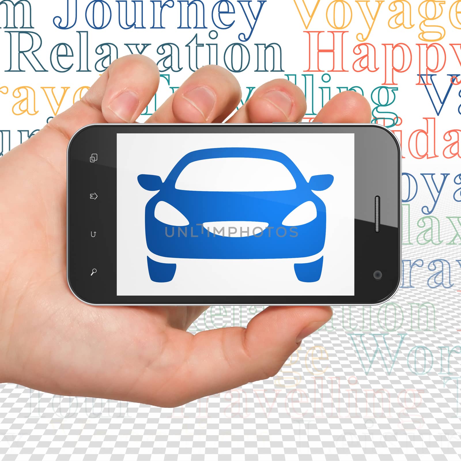 Tourism concept: Hand Holding Smartphone with  blue Car icon on display,  Tag Cloud background, 3D rendering