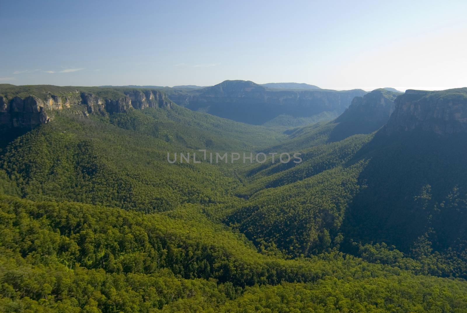 Picturesque view of the Blue Mountains, New South Wales, Australia, with a forested valley between high mountain peaks