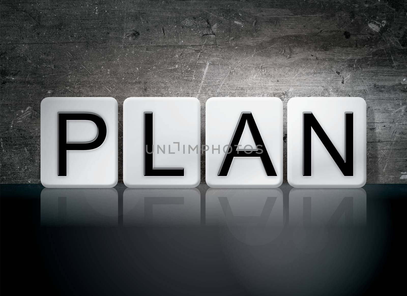 The word "Plan" written in white tiles against a dark vintage grunge background.