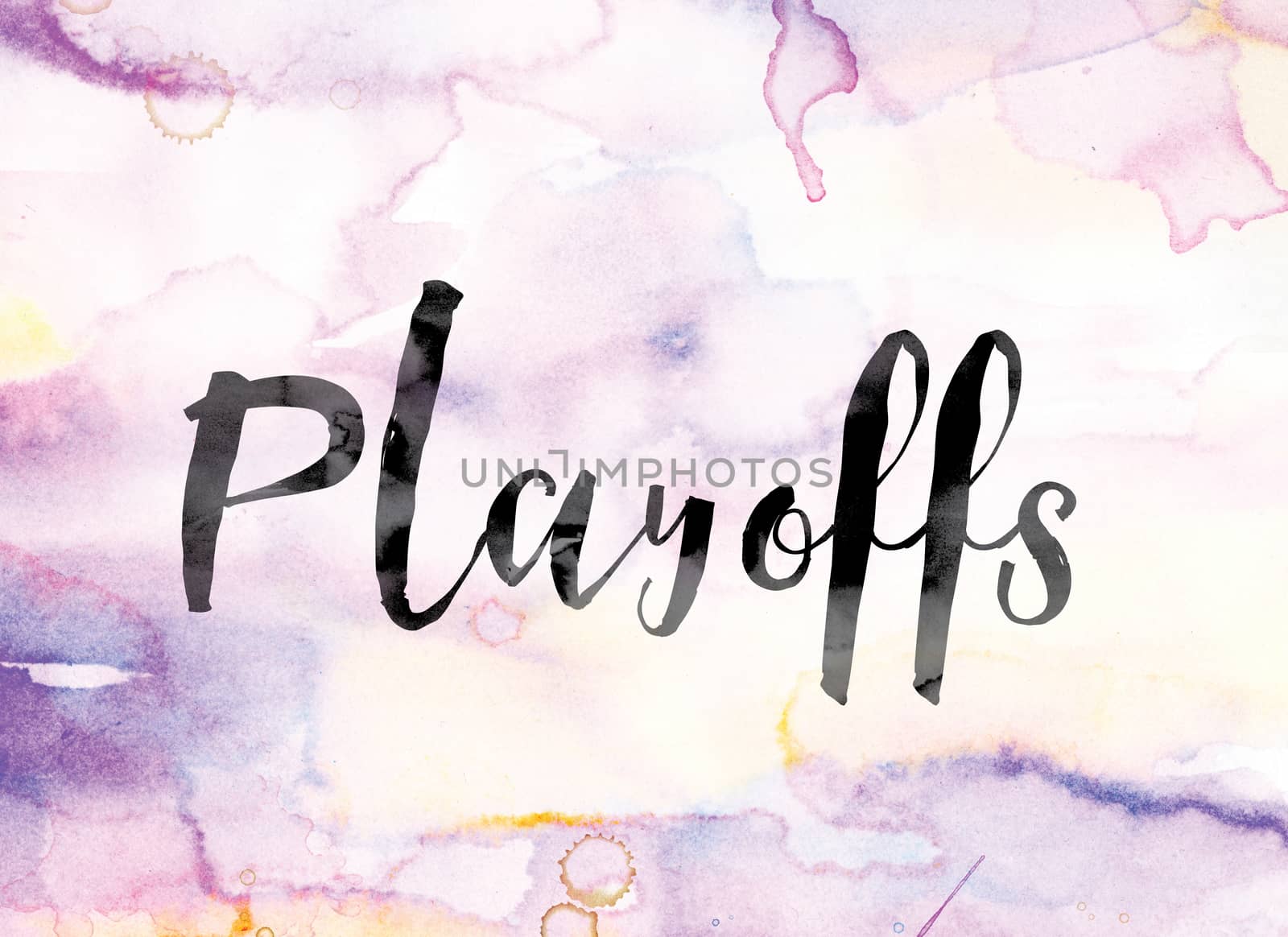 The word "Playoffs" painted in black ink over a colorful watercolor washed background concept and theme.