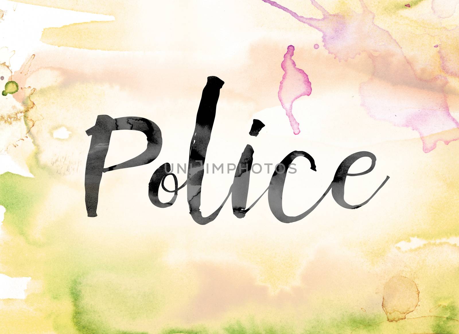 The word "Police" painted in black ink over a colorful watercolor washed background concept and theme.