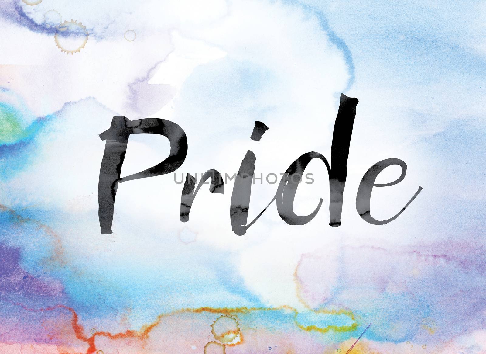 The word "Pride" painted in black ink over a colorful watercolor washed background concept and theme.