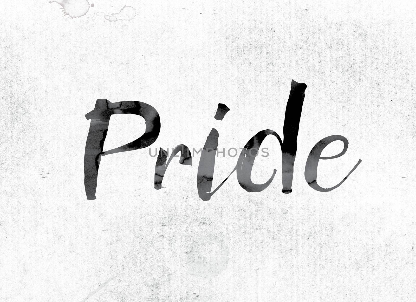 The word "Pride" concept and theme painted in watercolor ink on a white paper.