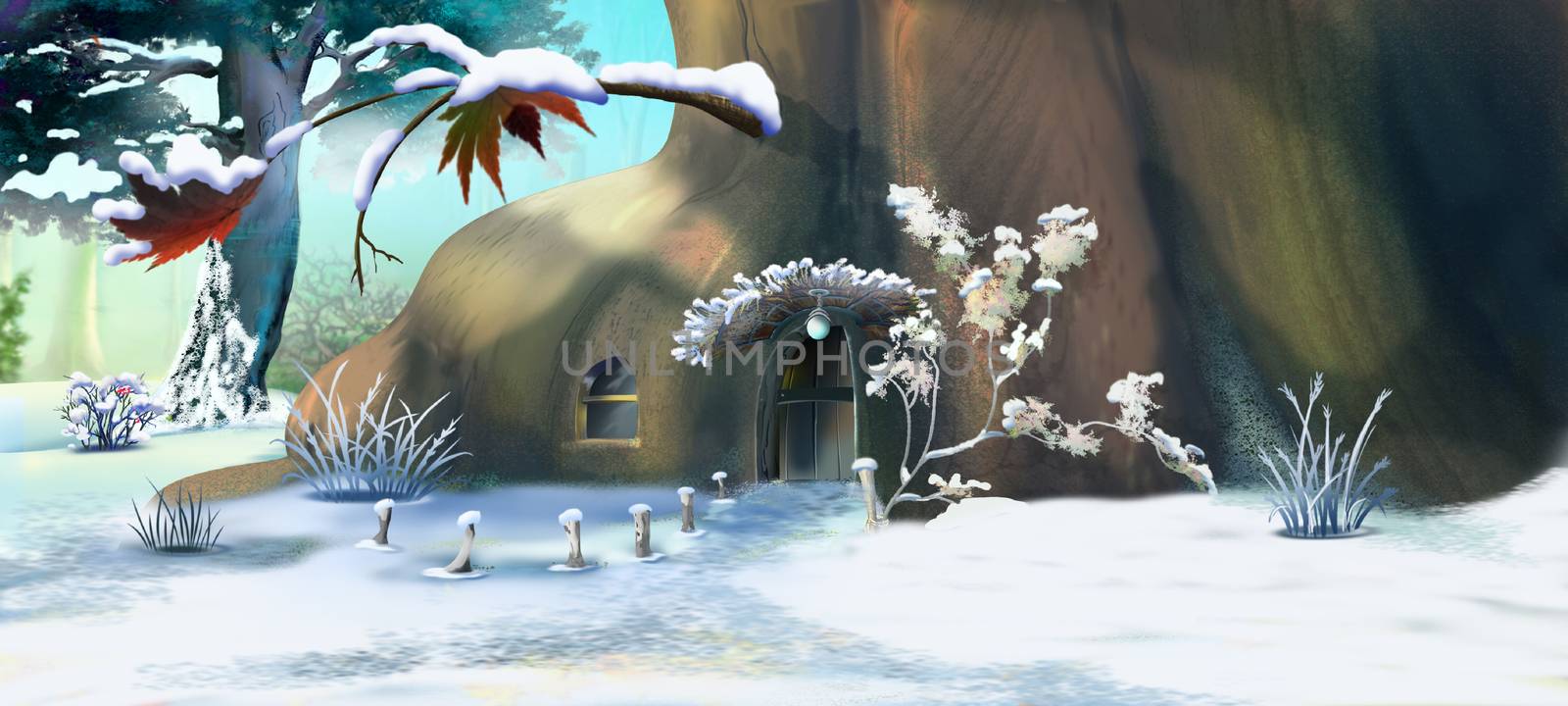 Forest Gnome's House in Winter.  Panorama View. Handmade illustration in a classic cartoon style.