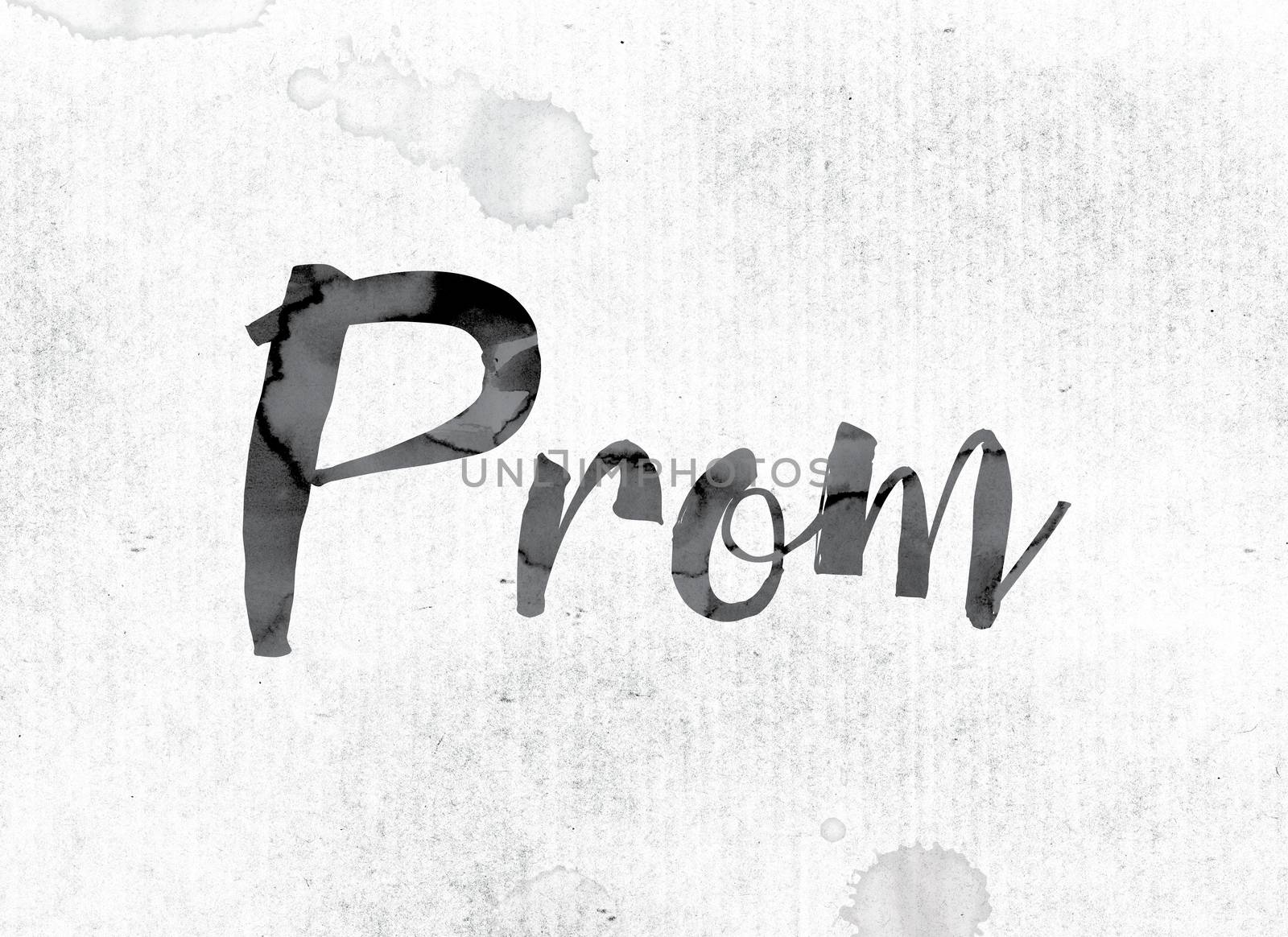 The word "Prom" concept and theme painted in watercolor ink on a white paper.