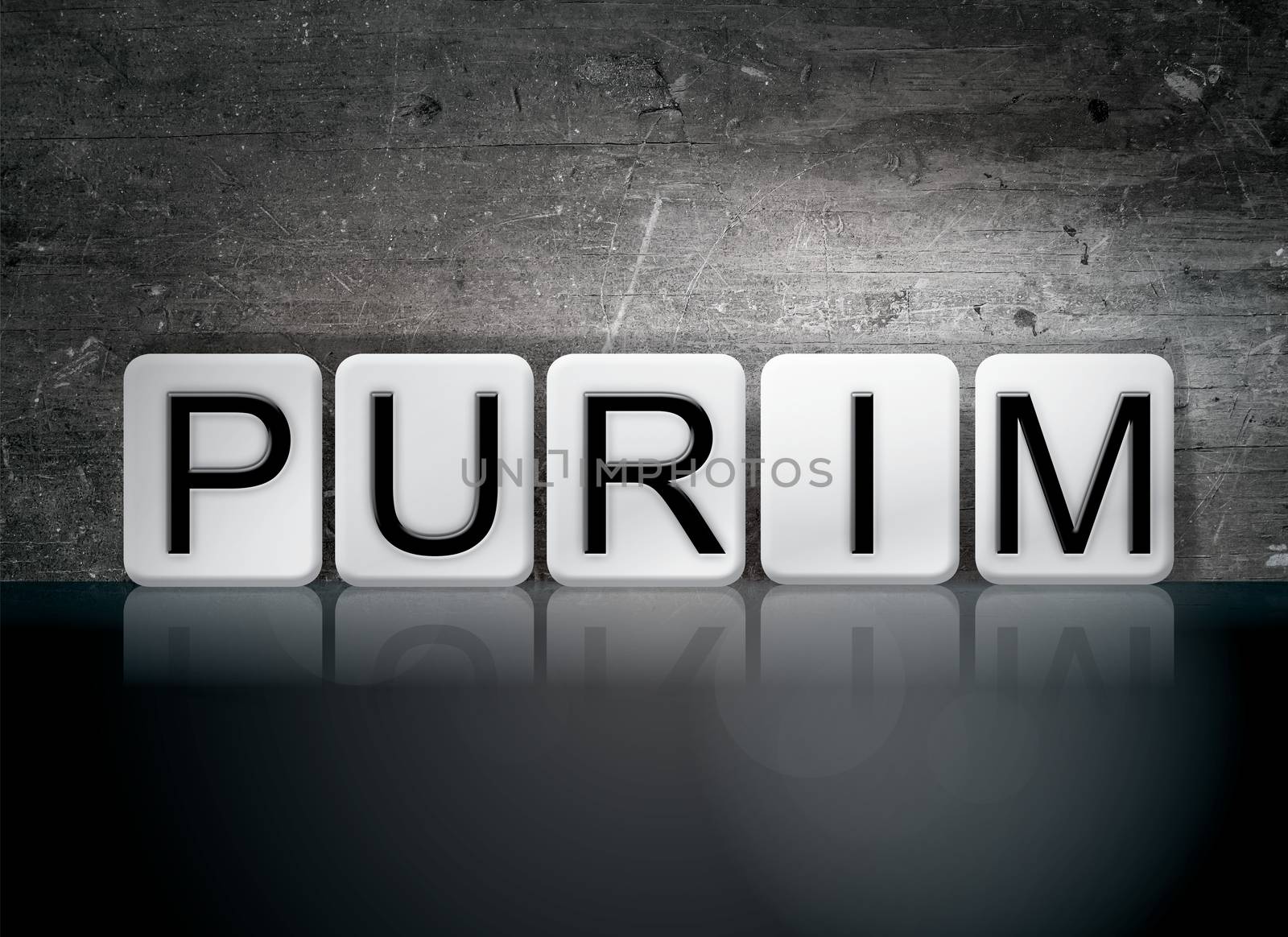 The word "Purim" written in white tiles against a dark vintage grunge background.