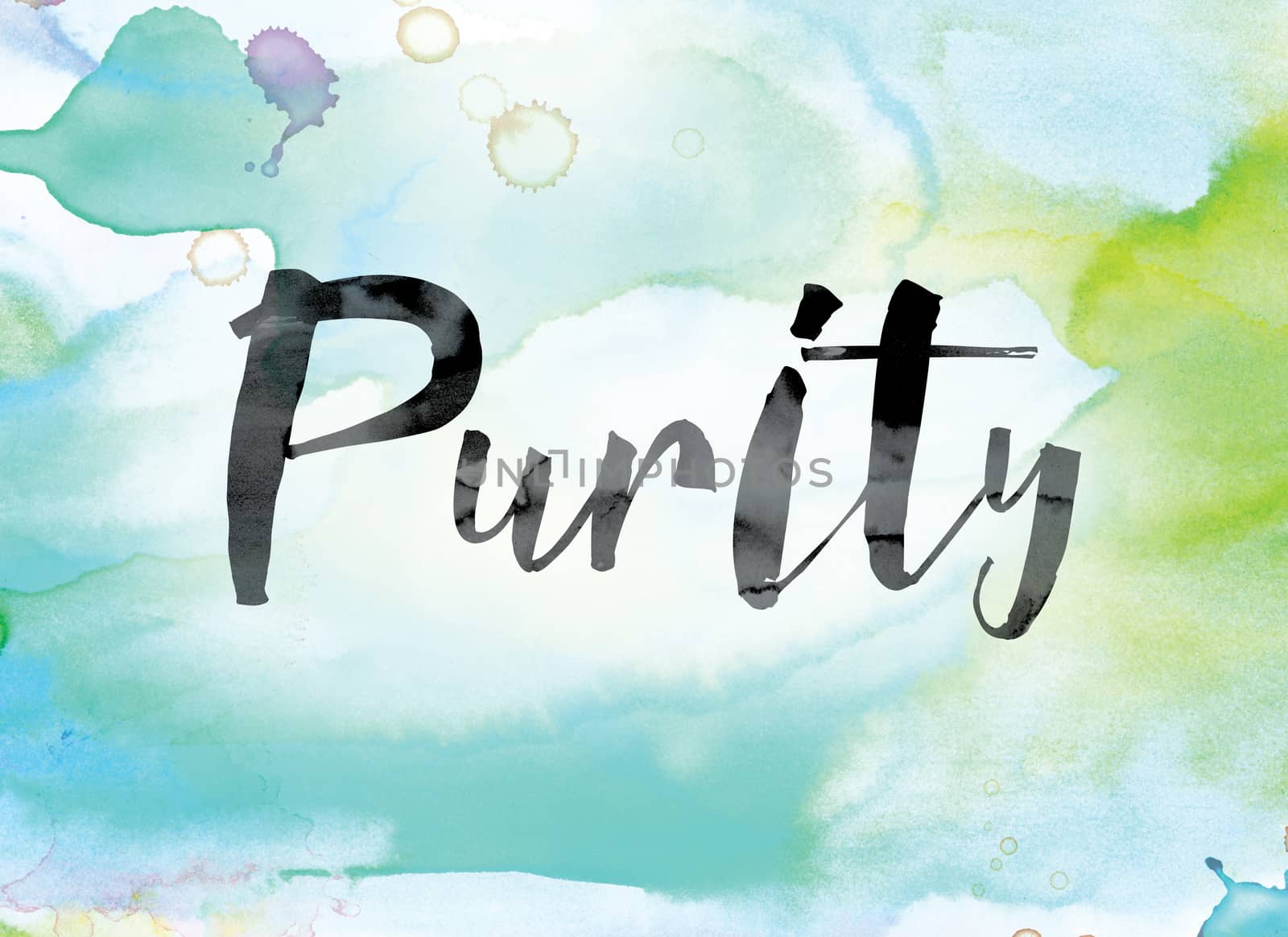 The word "Purity" painted in black ink over a colorful watercolor washed background concept and theme.