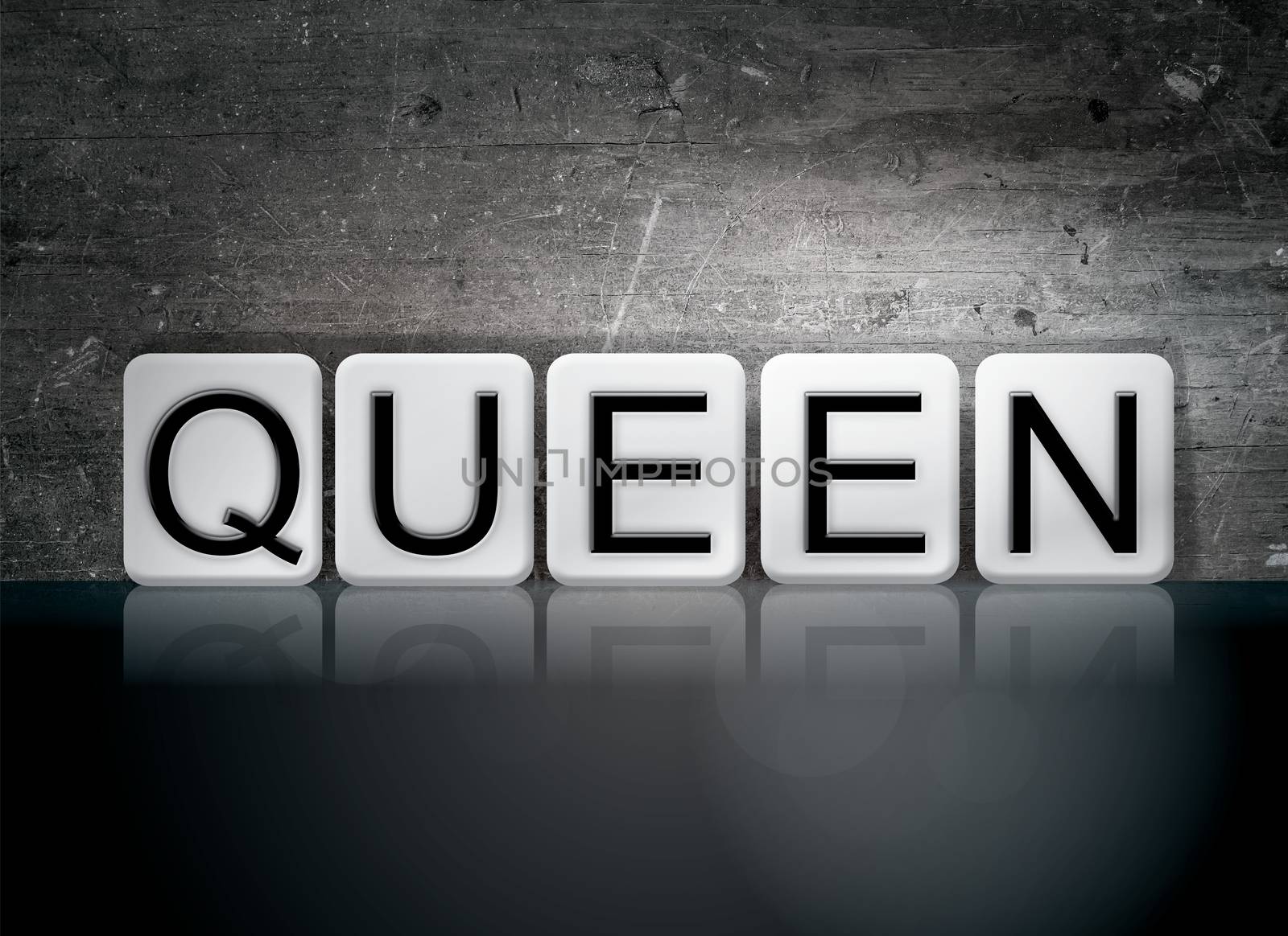 The word "Queen" written in white tiles against a dark vintage grunge background.