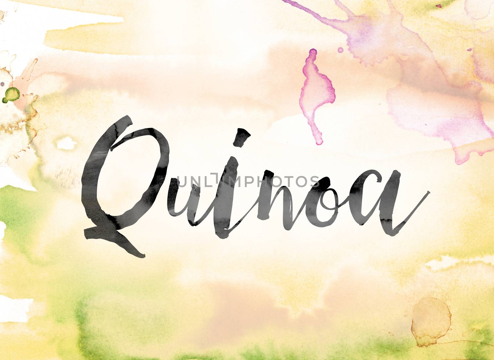 The word "Quinoa" painted in black ink over a colorful watercolor washed background concept and theme.