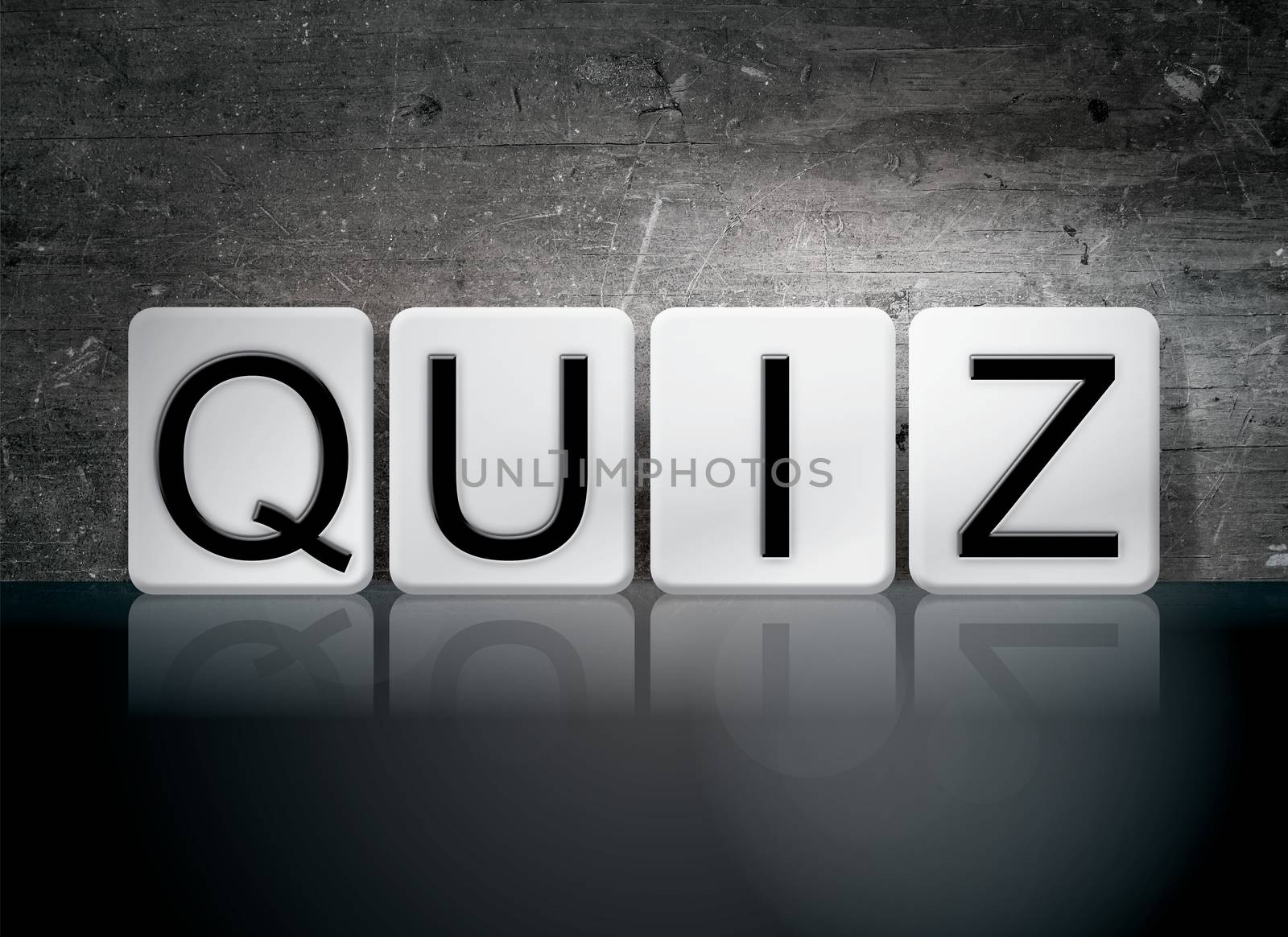 The word "Quiz" written in white tiles against a dark vintage grunge background.
