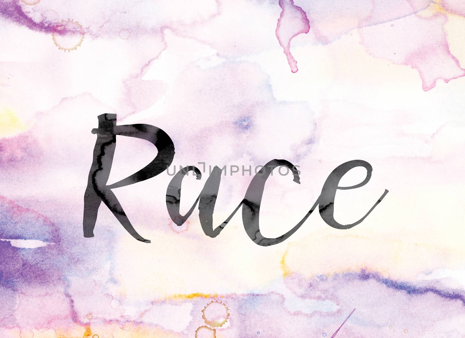 The word "Race" painted in black ink over a colorful watercolor washed background concept and theme.