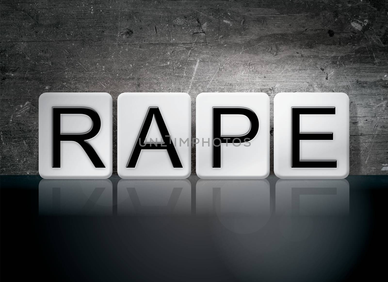 The word "Rape" written in white tiles against a dark vintage grunge background.
