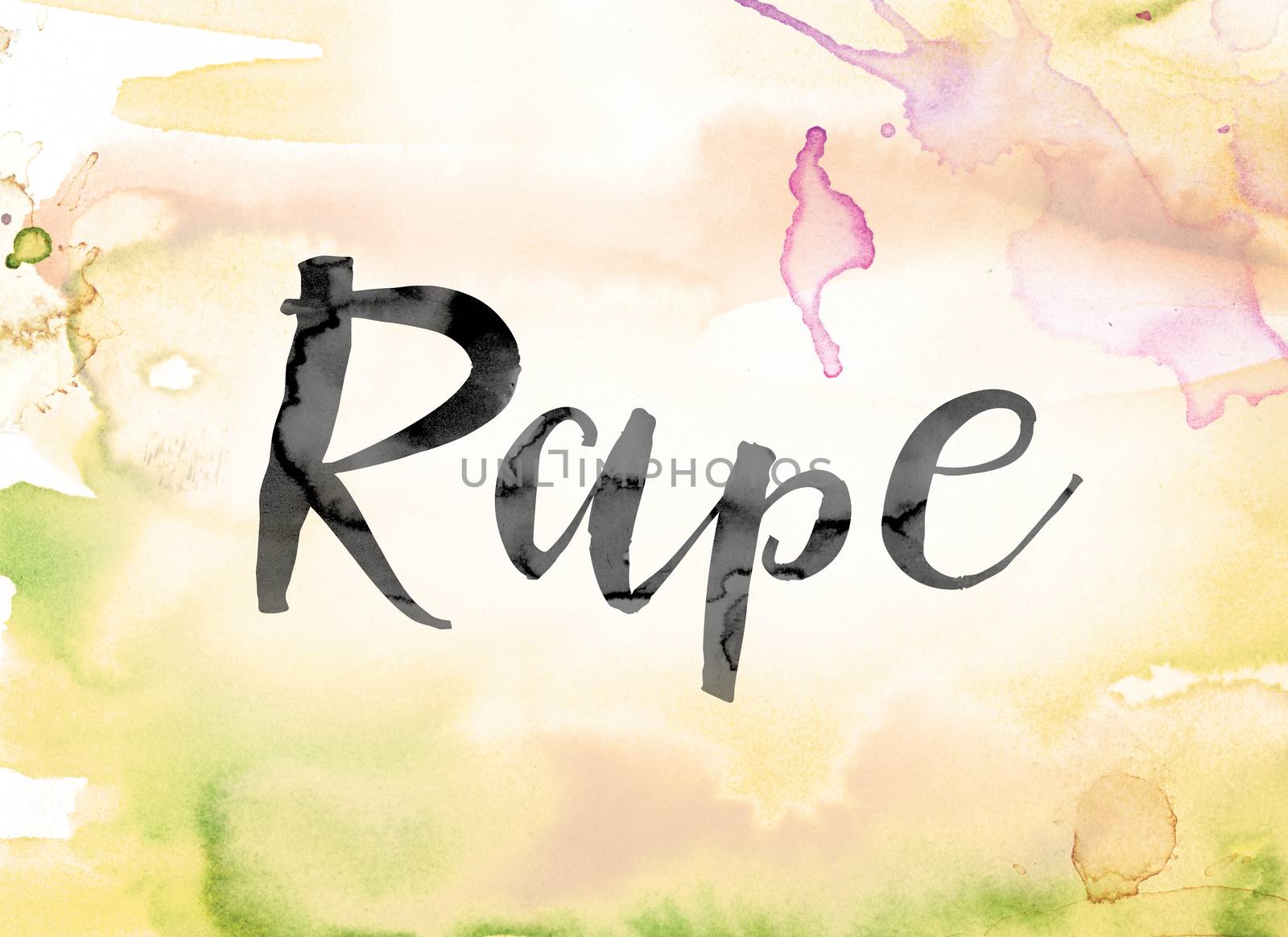 The word "Rape" painted in black ink over a colorful watercolor washed background concept and theme.