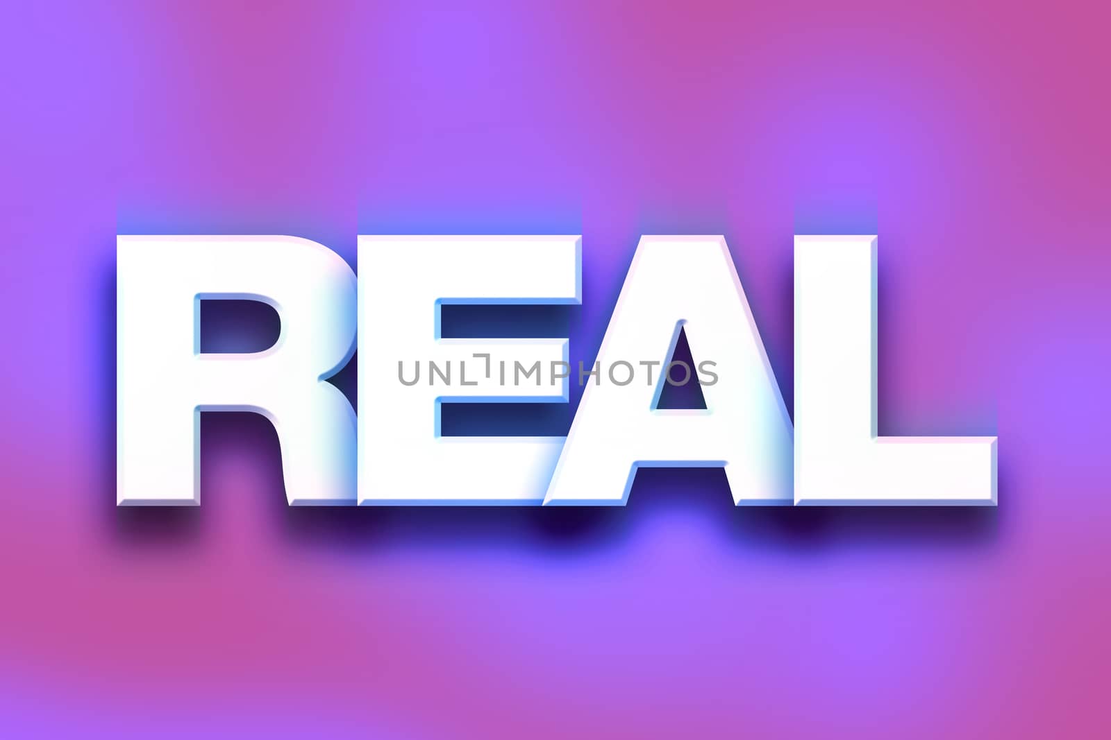 The word "Real" written in white 3D letters on a colorful background concept and theme.