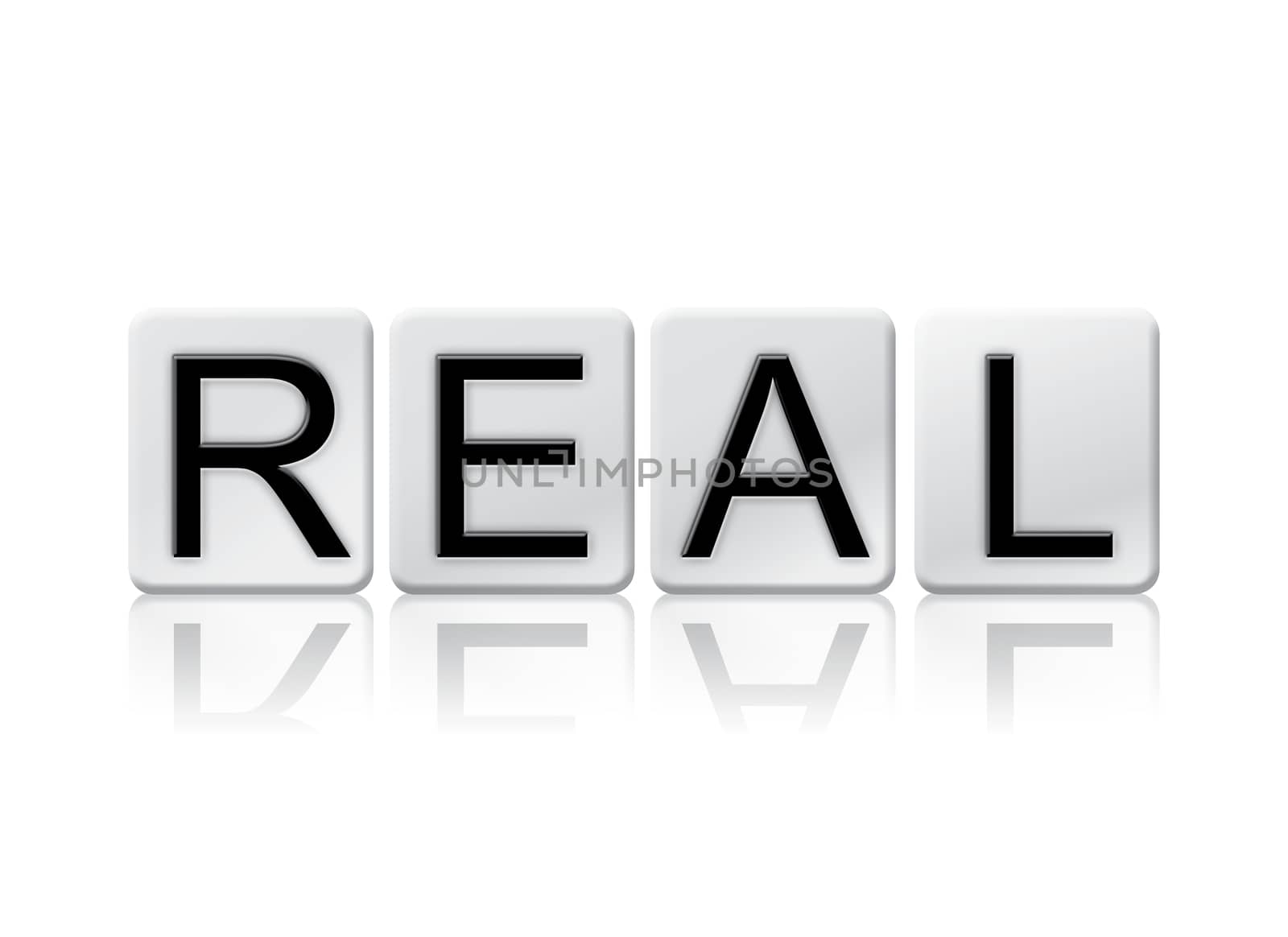 The word "Real" written in tile letters isolated on a white background.