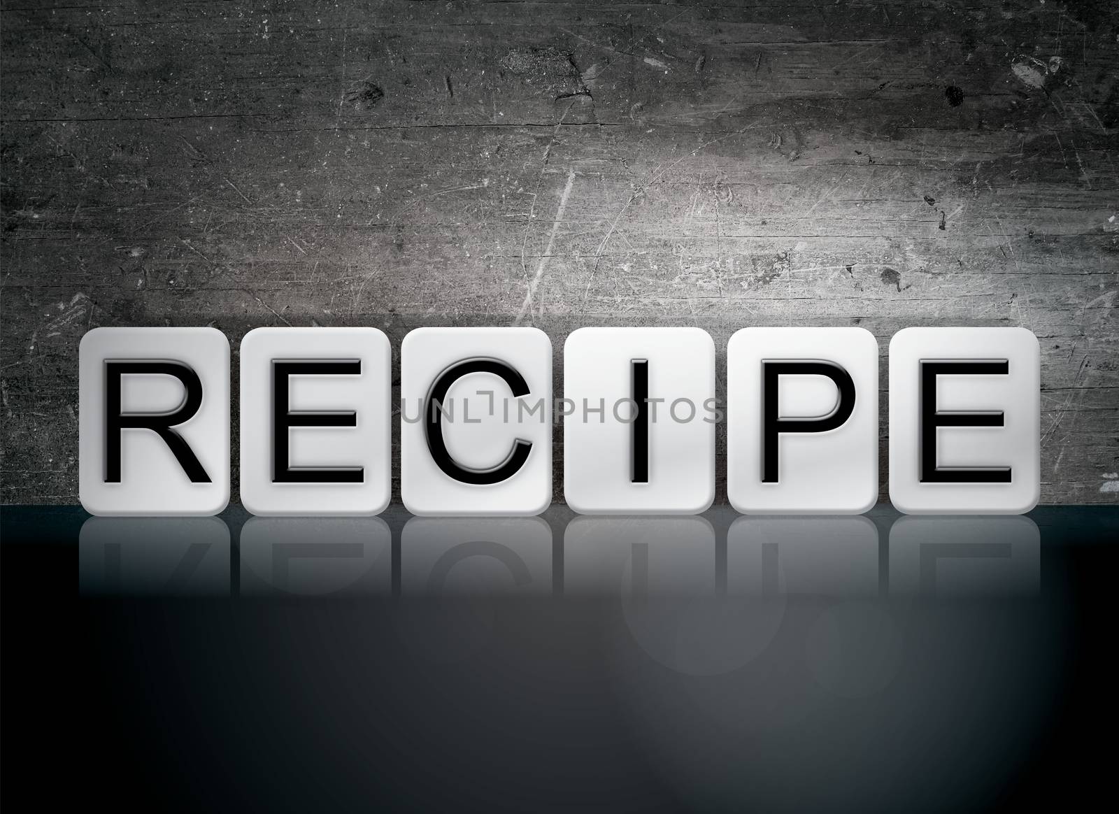 The word "Recipe" written in white tiles against a dark vintage grunge background.