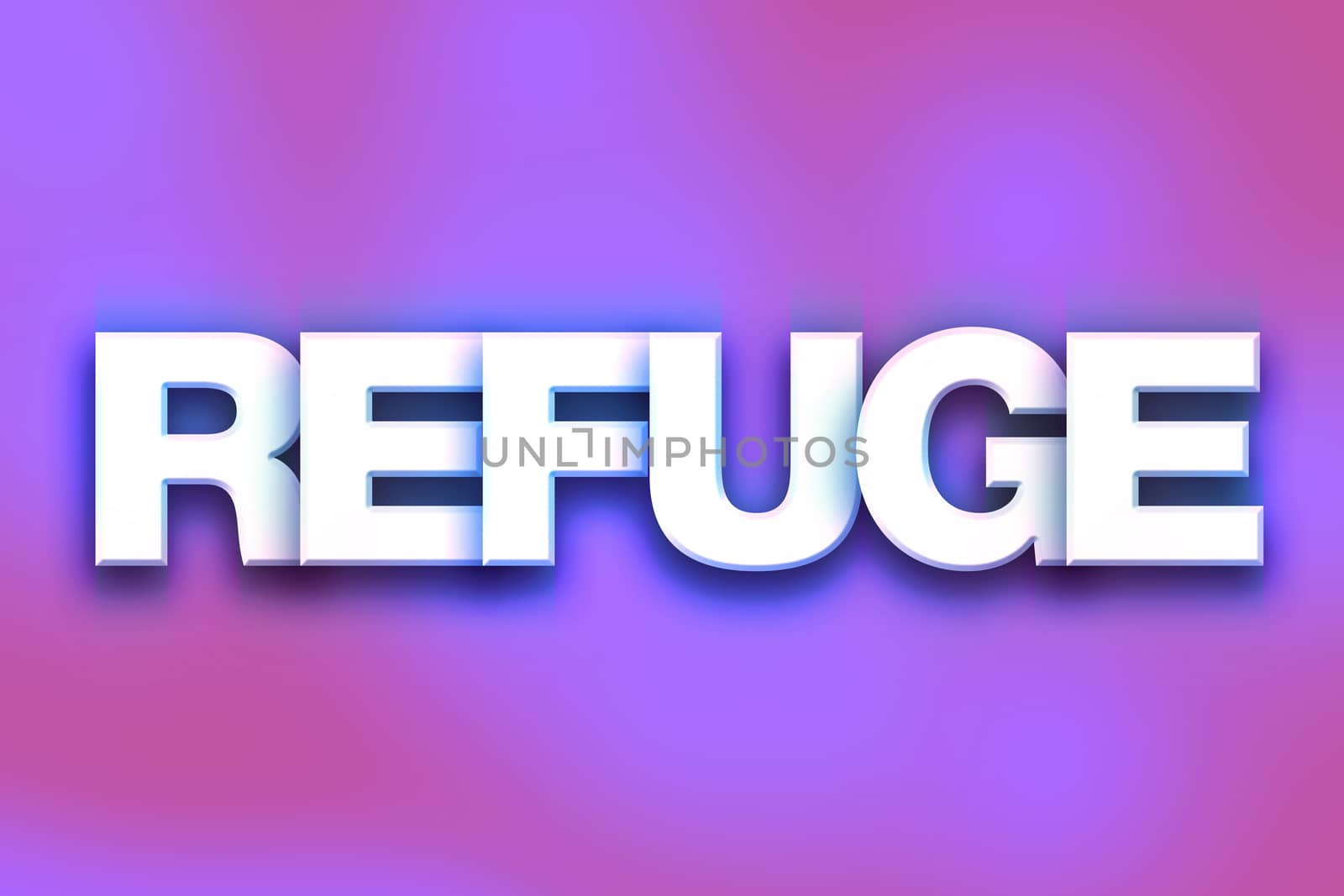 The word "Refuge" written in white 3D letters on a colorful background concept and theme.