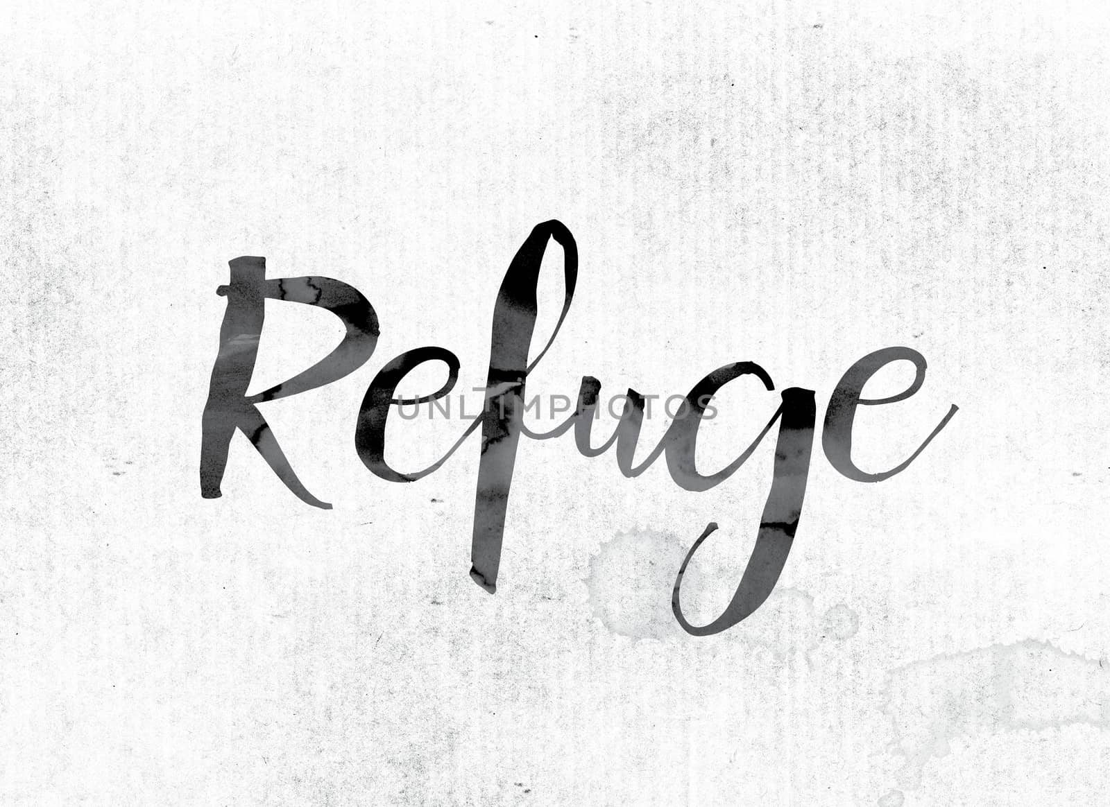 The word "Refuge" concept and theme painted in watercolor ink on a white paper.