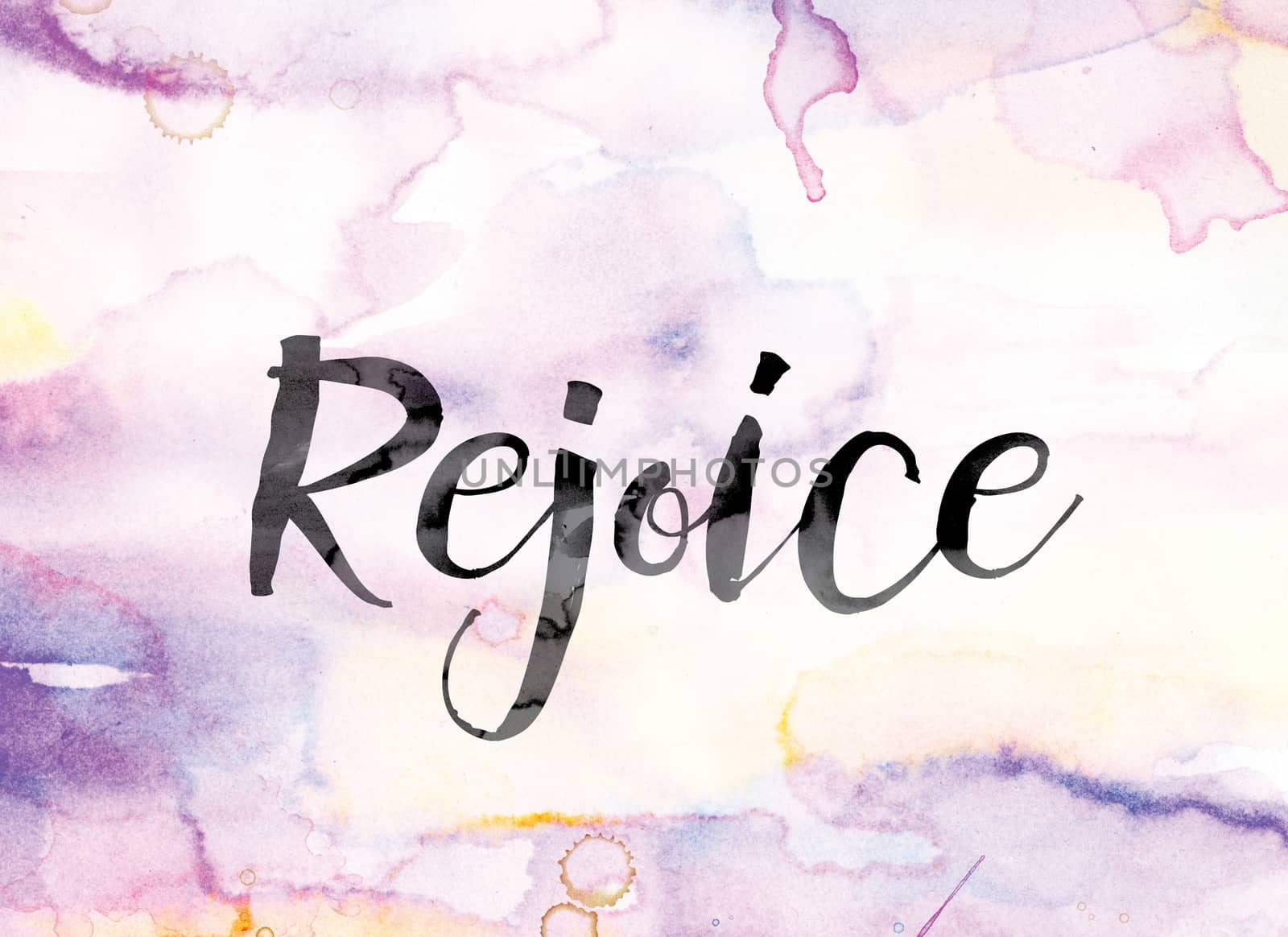 The word "Rejoice" painted in black ink over a colorful watercolor washed background concept and theme.