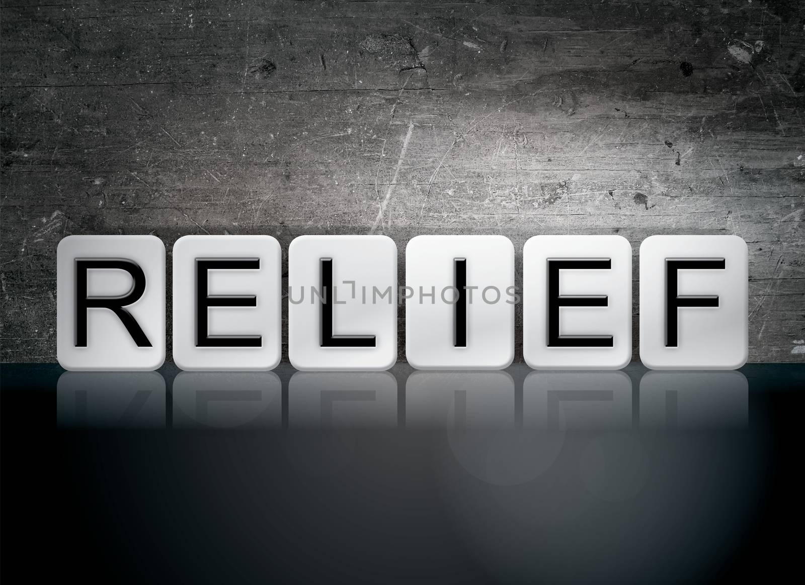 The word "Relief" written in white tiles against a dark vintage grunge background.