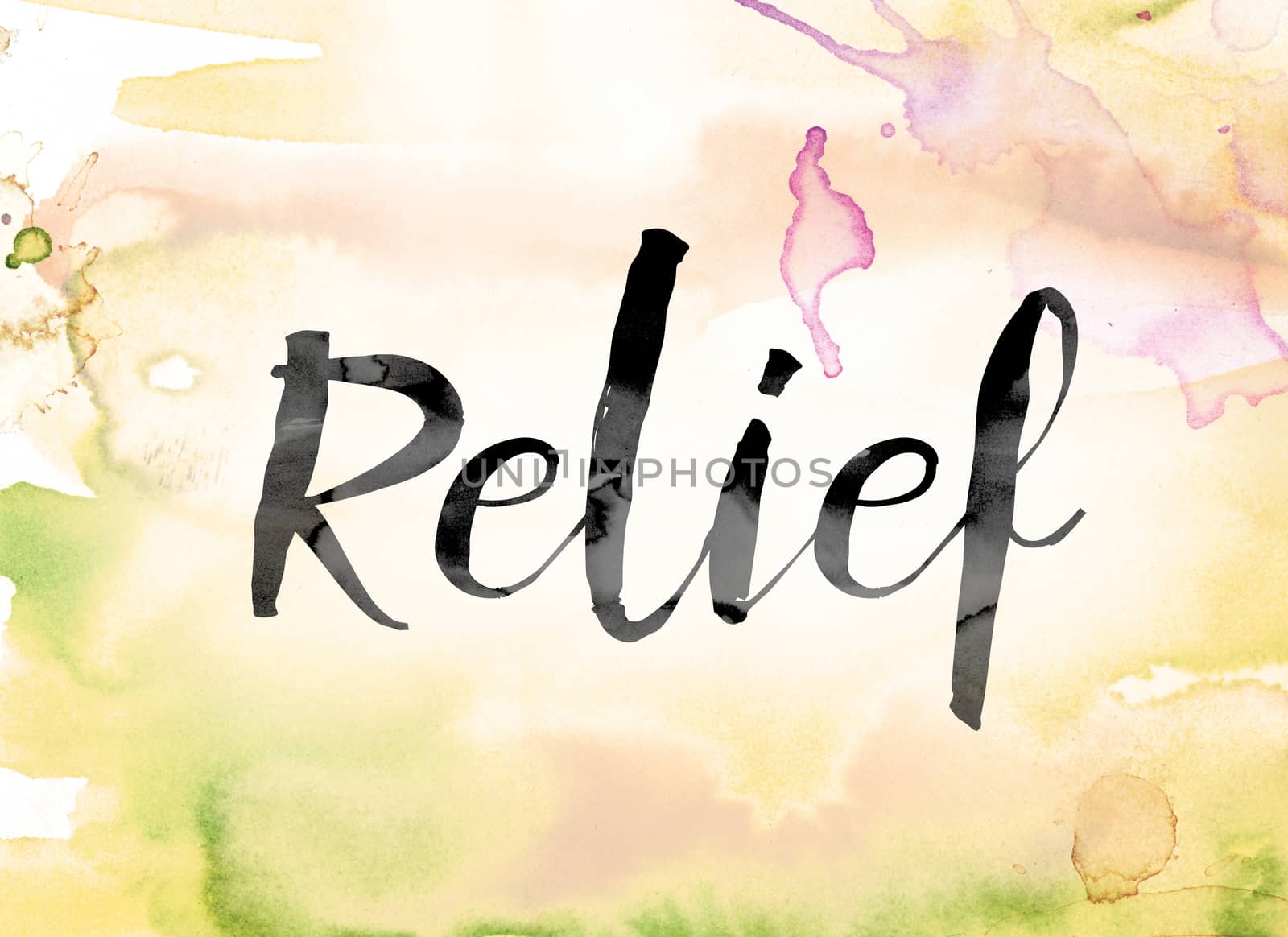 The word "Relief" painted in black ink over a colorful watercolor washed background concept and theme.