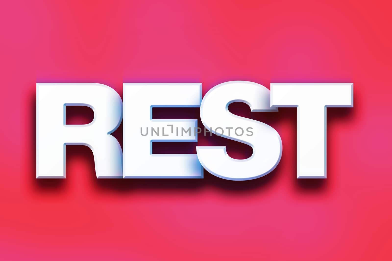 The word "Rest" written in white 3D letters on a colorful background concept and theme.