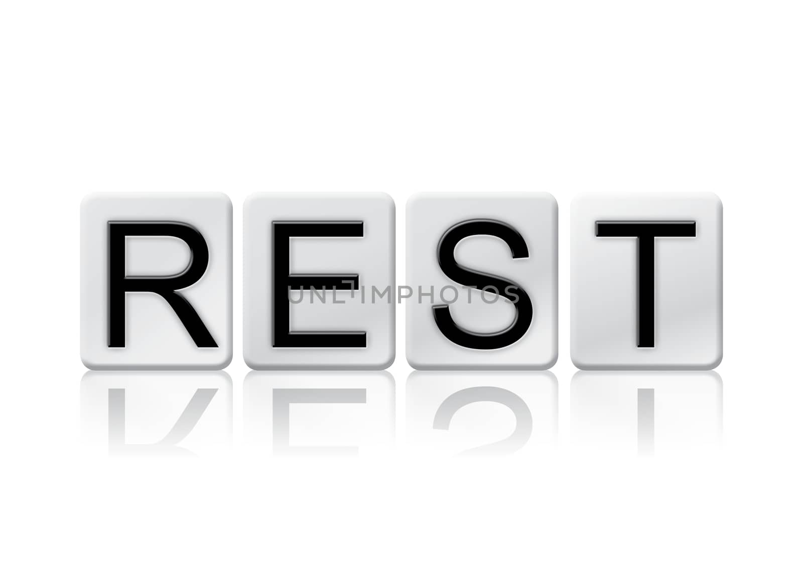 The word "Rest" written in tile letters isolated on a white background.