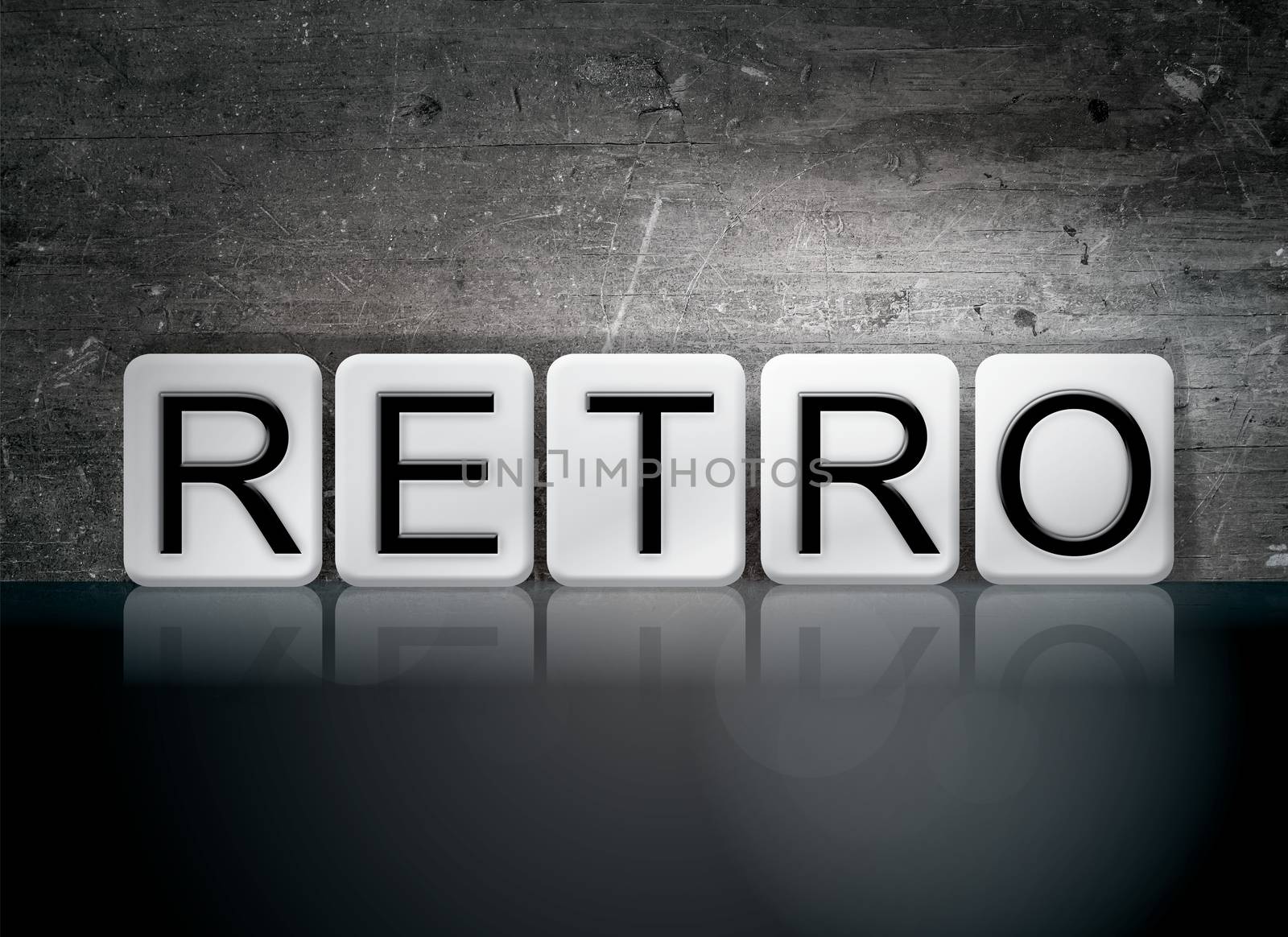 The word "Retro" written in white tiles against a dark vintage grunge background.