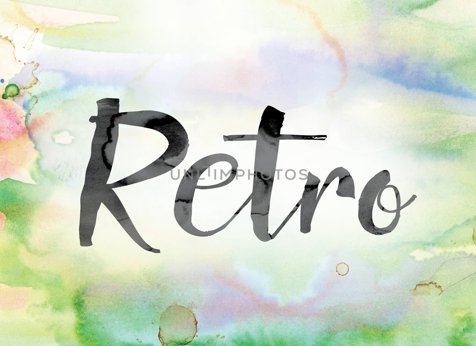 The word "Retro" painted in black ink over a colorful watercolor washed background concept and theme.