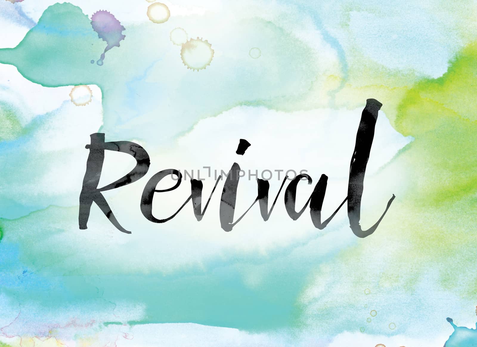 The word "Revival" painted in black ink over a colorful watercolor washed background concept and theme.