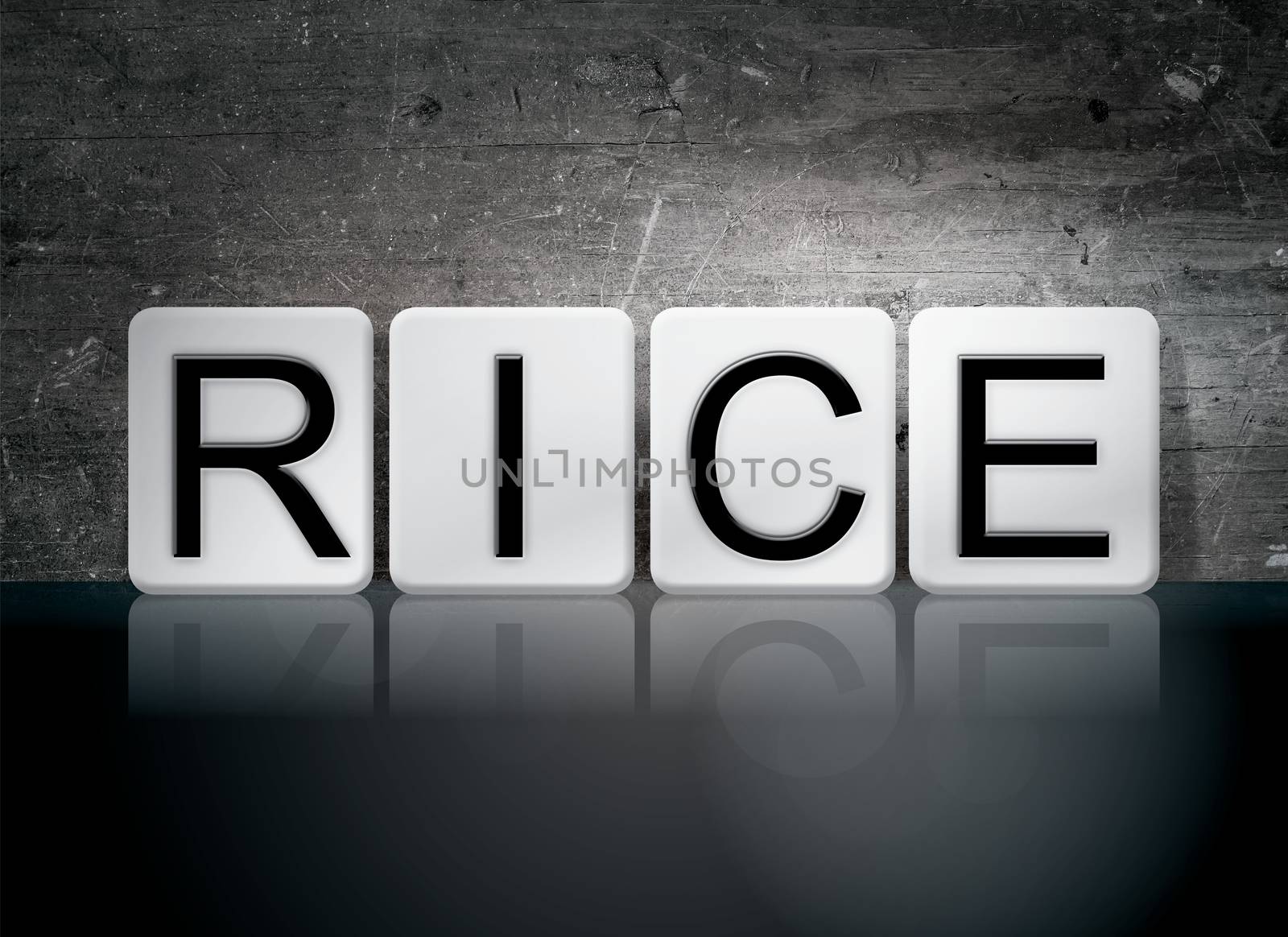 The word "Rice" written in white tiles against a dark vintage grunge background.