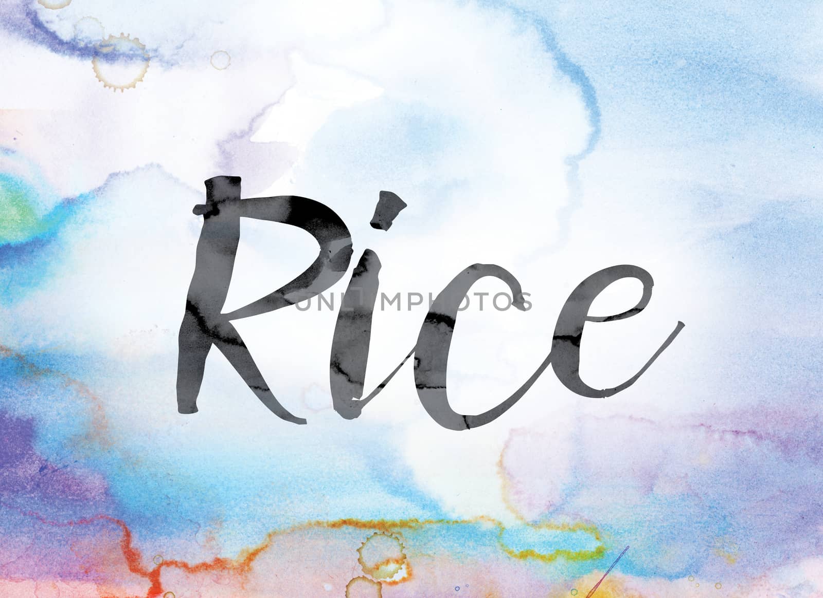 The word "Rice" painted in black ink over a colorful watercolor washed background concept and theme.