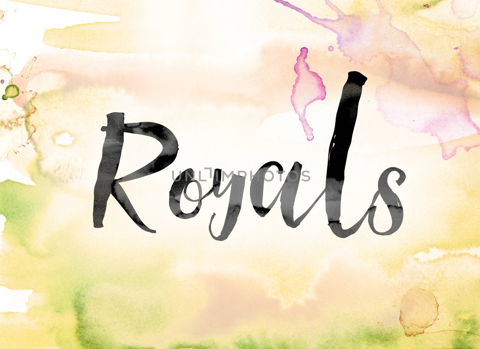 The word "Royals" painted in black ink over a colorful watercolor washed background concept and theme.