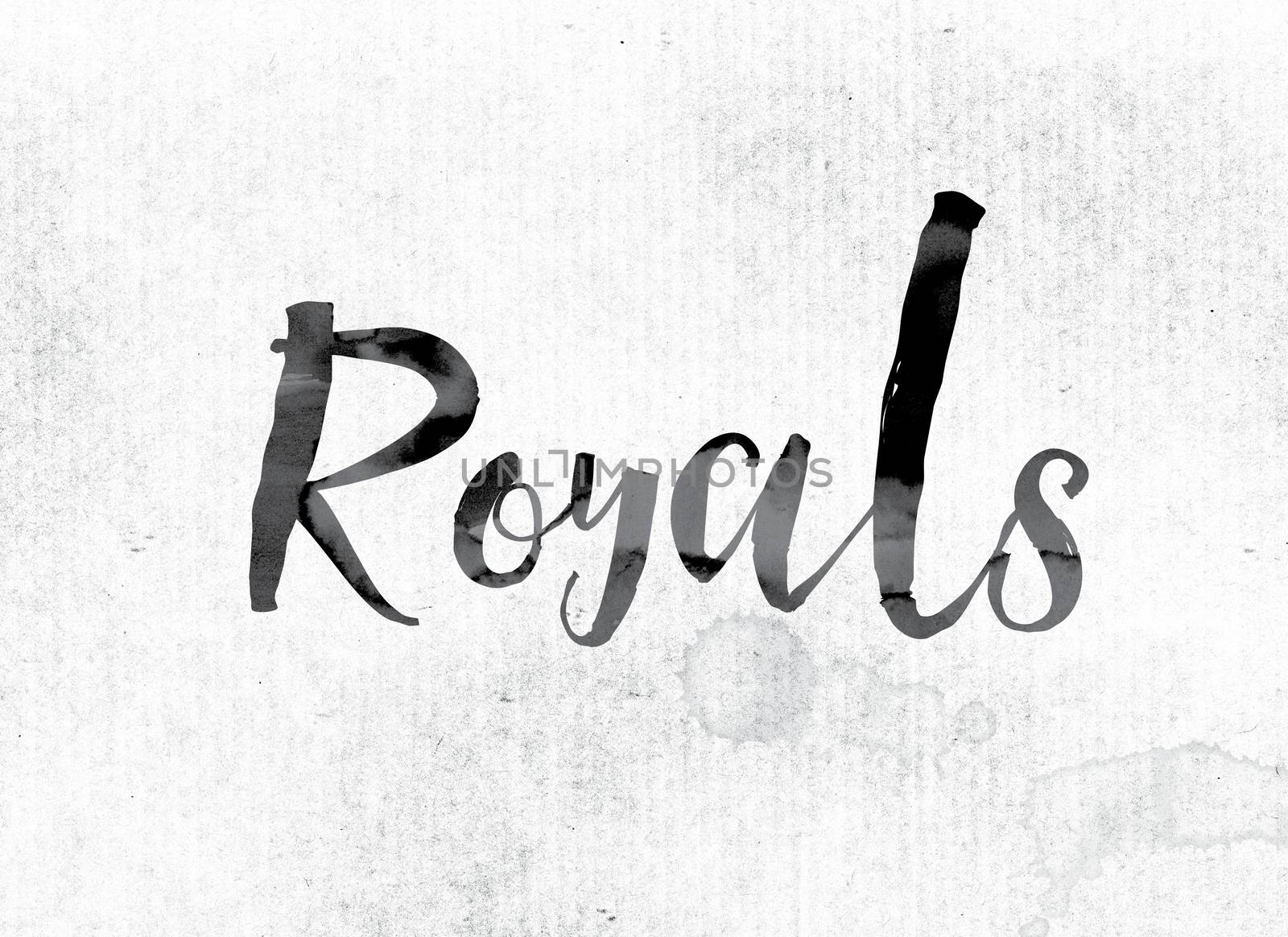 The word "Royals" concept and theme painted in watercolor ink on a white paper.