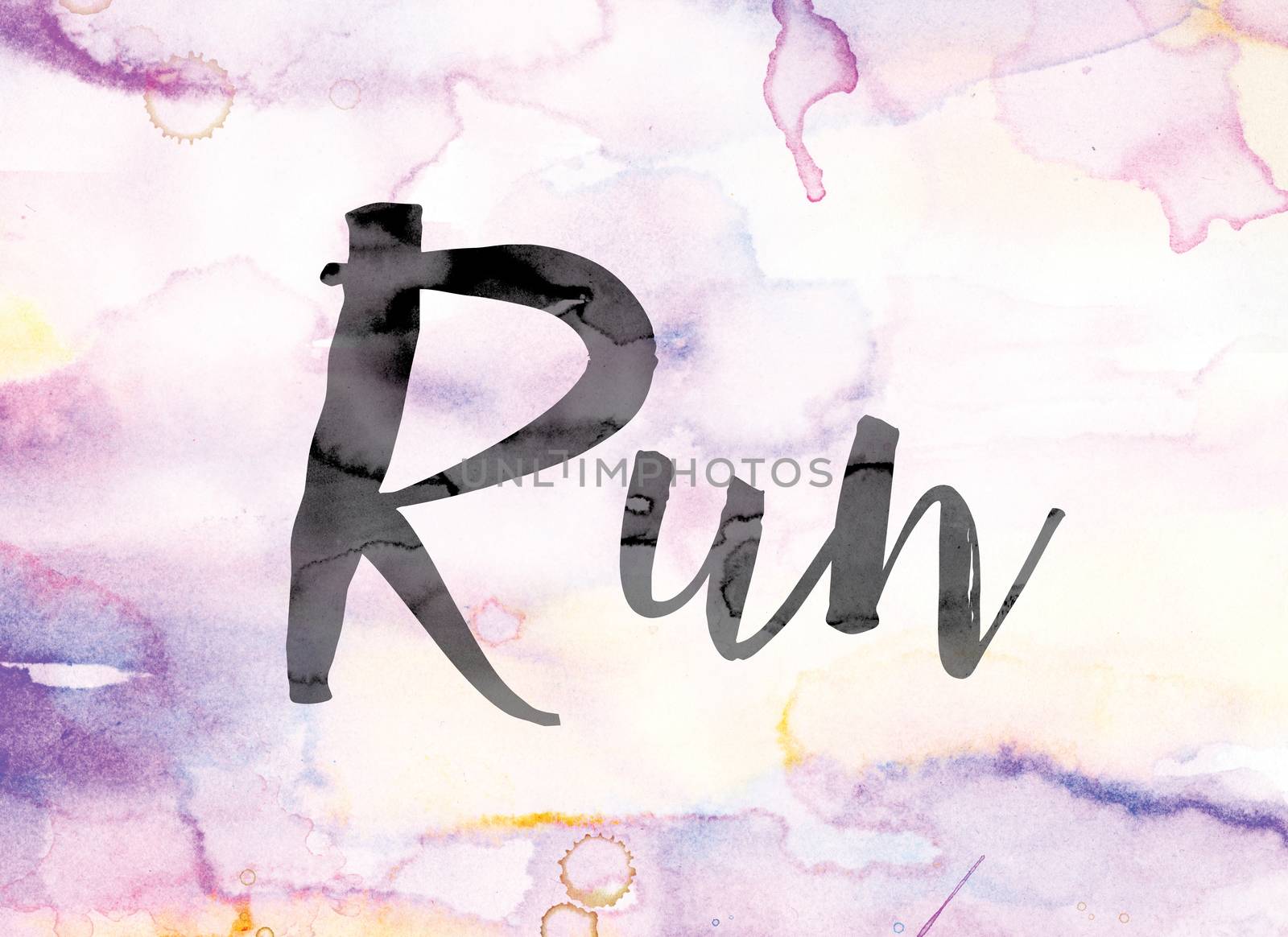 The word "Run" painted in black ink over a colorful watercolor washed background concept and theme.