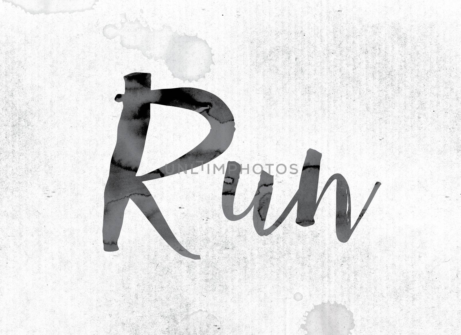 The word "Run" concept and theme painted in watercolor ink on a white paper.