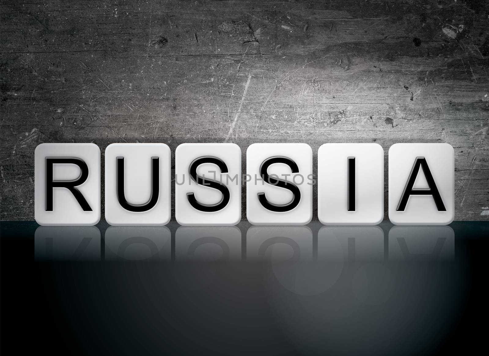 The word "Russia" written in white tiles against a dark vintage grunge background.