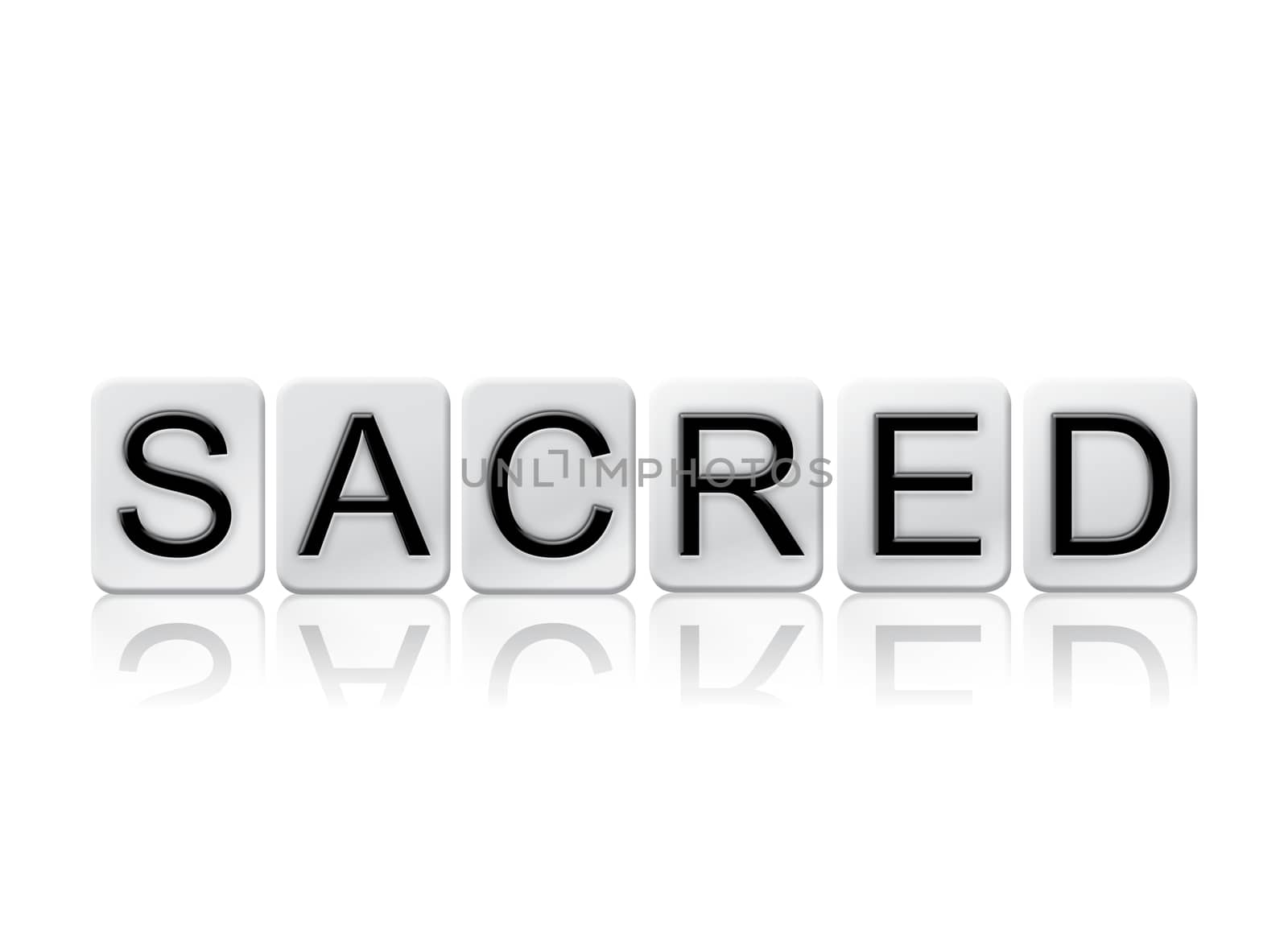 The word "Sacred" written in tile letters isolated on a white background.