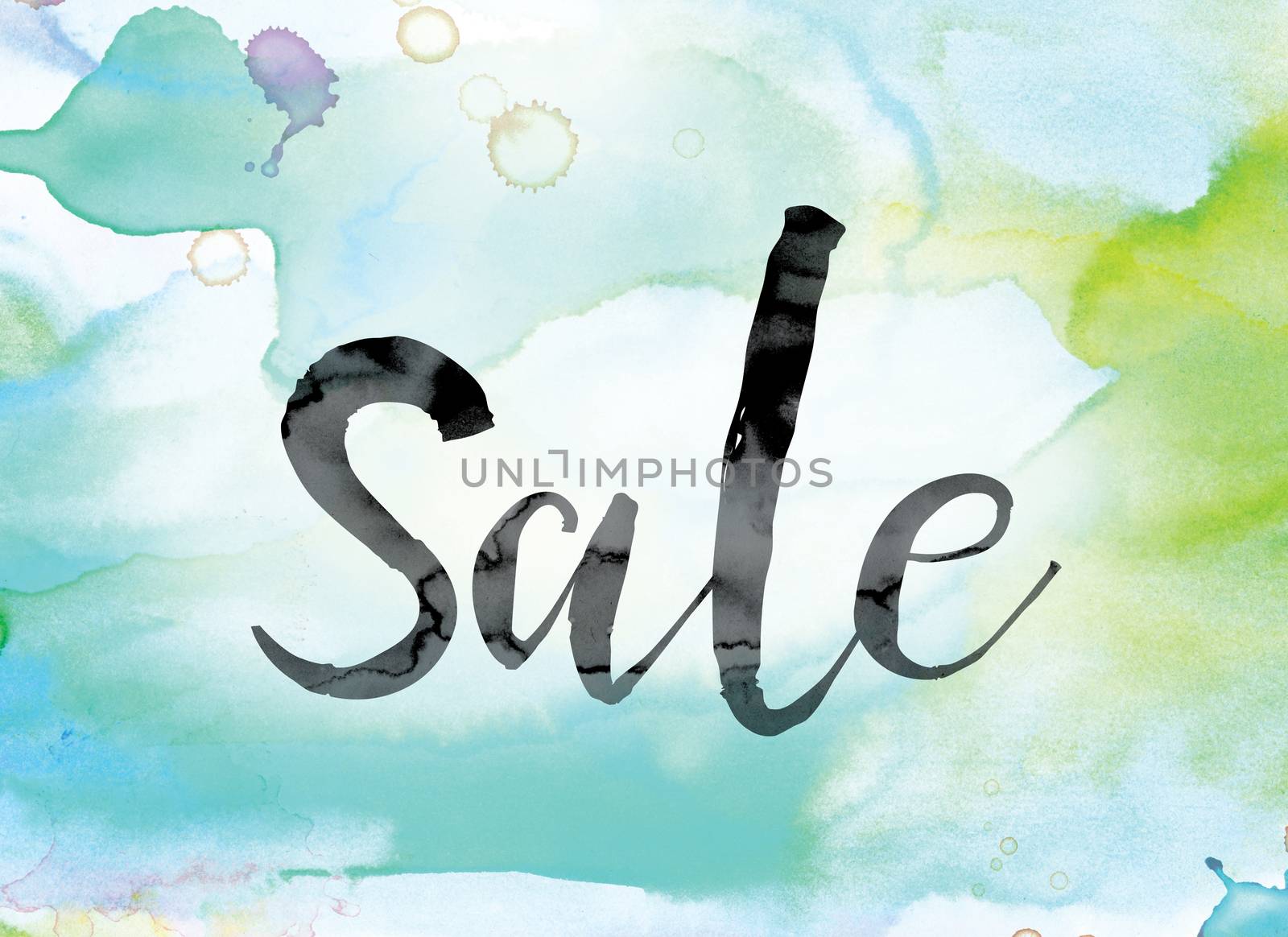 The word "Sale" painted in black ink over a colorful watercolor washed background concept and theme.