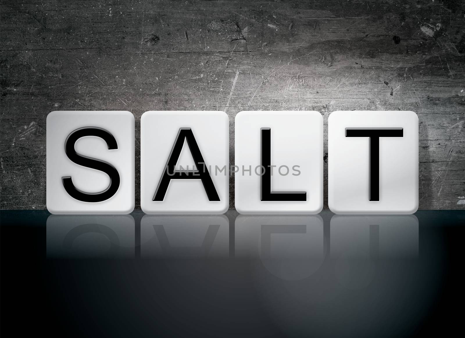 The word "Salt" written in white tiles against a dark vintage grunge background.