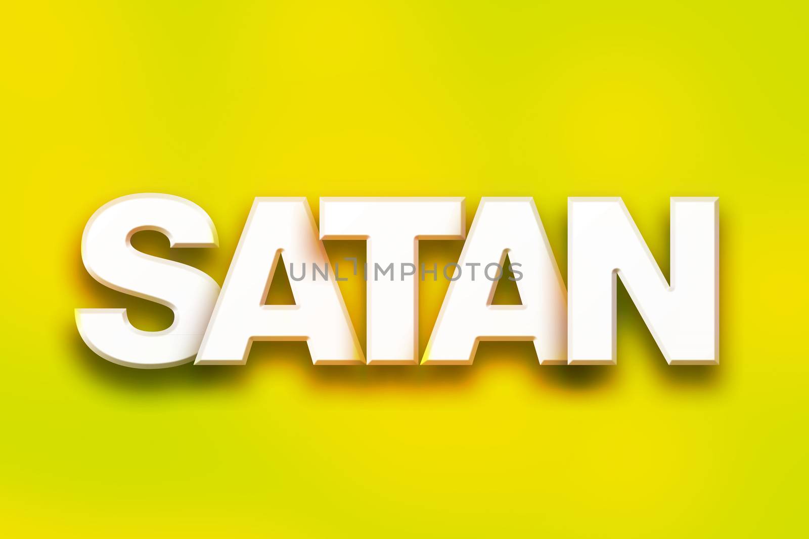 The word "Satan" written in white 3D letters on a colorful background concept and theme.