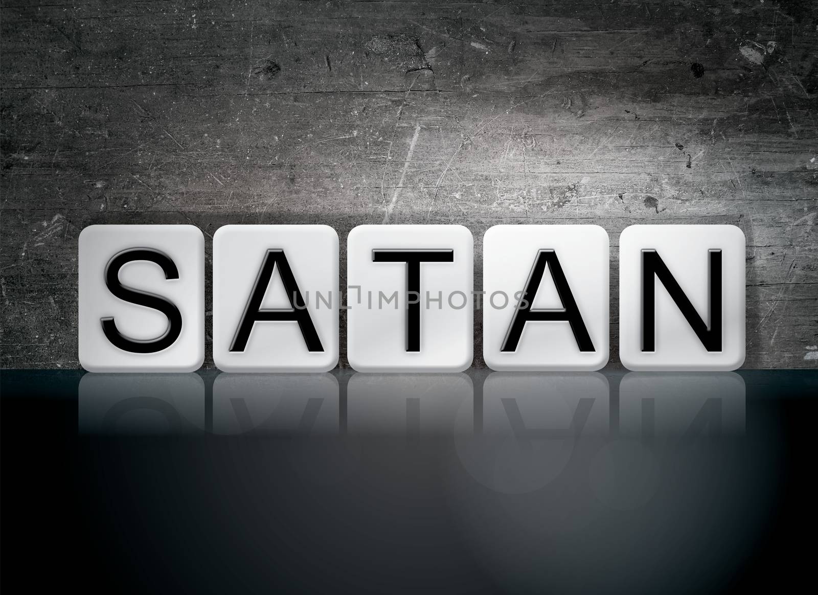 The word "Satan" written in white tiles against a dark vintage grunge background.