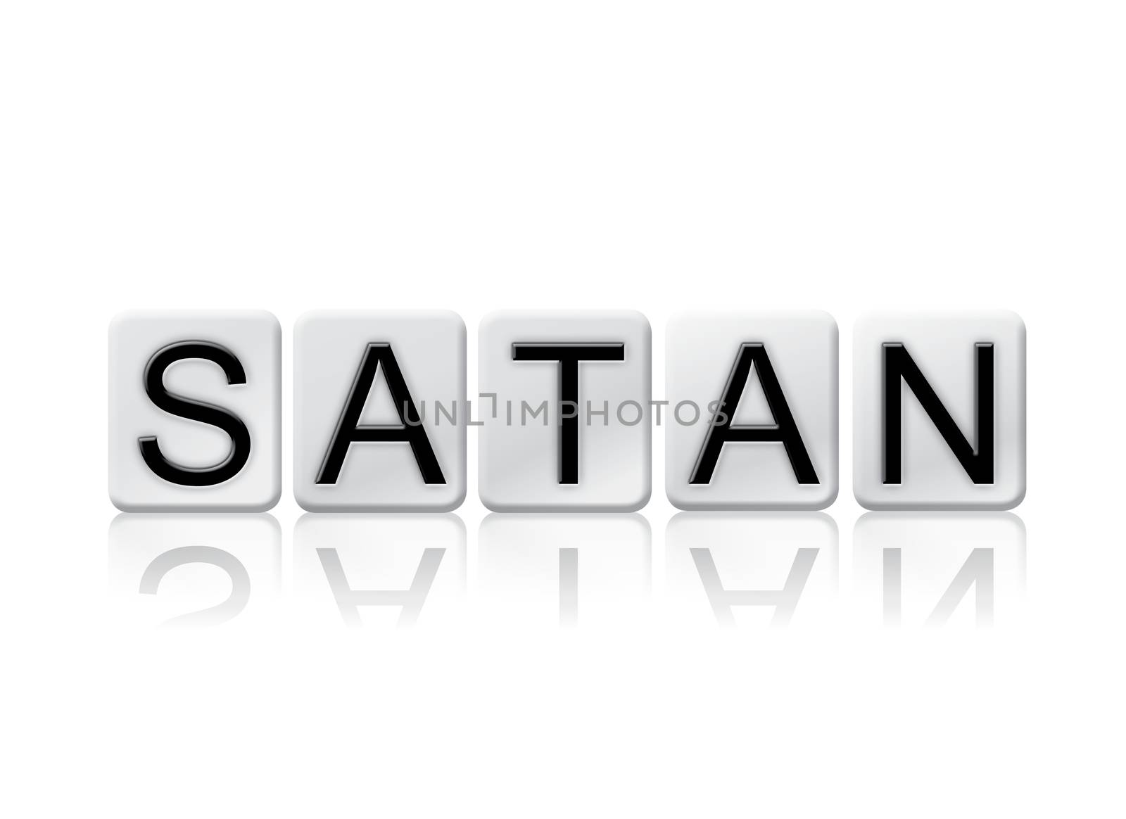 The word "Satan" written in tile letters isolated on a white background.