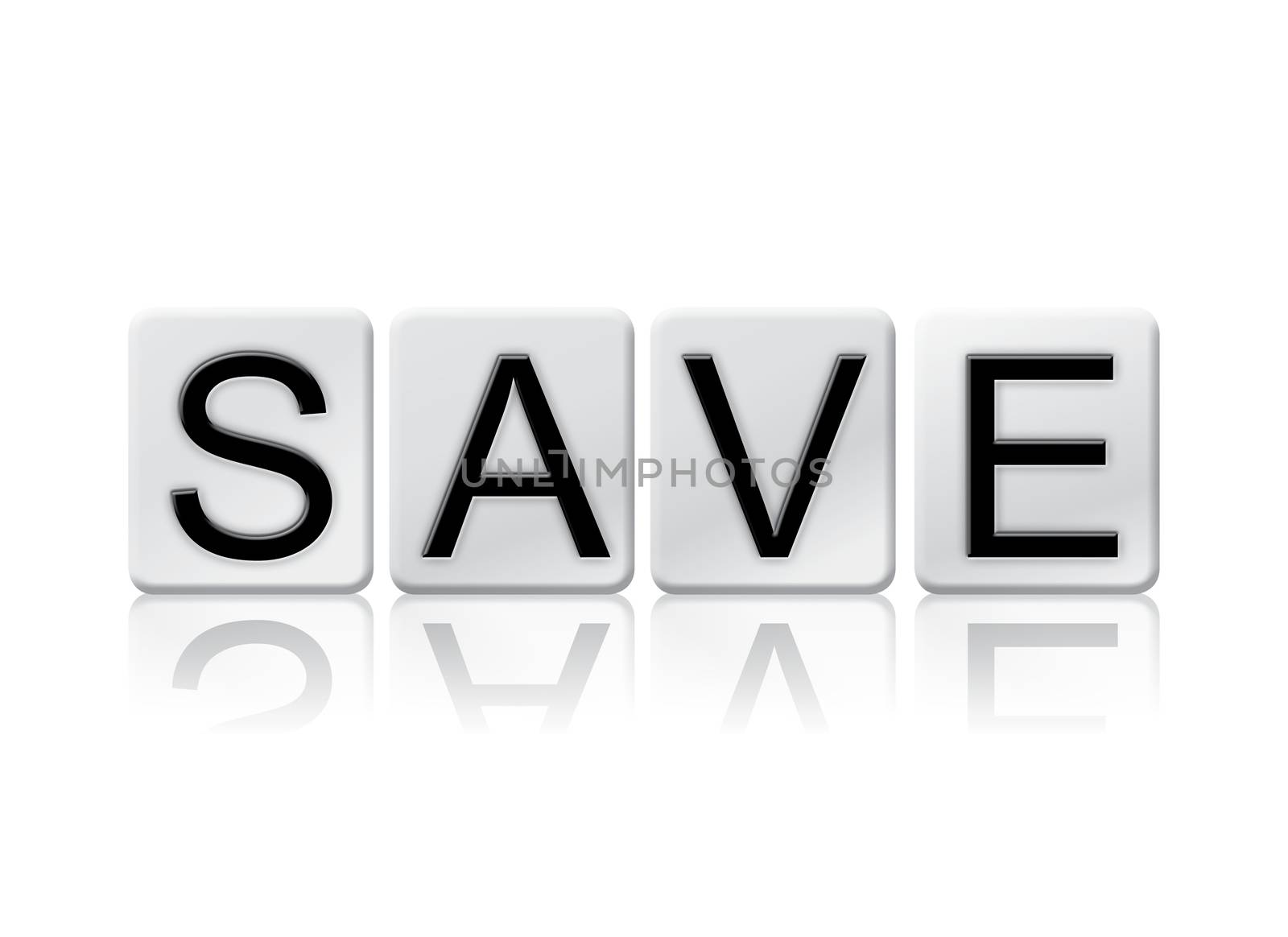 The word "Save" written in tile letters isolated on a white background.