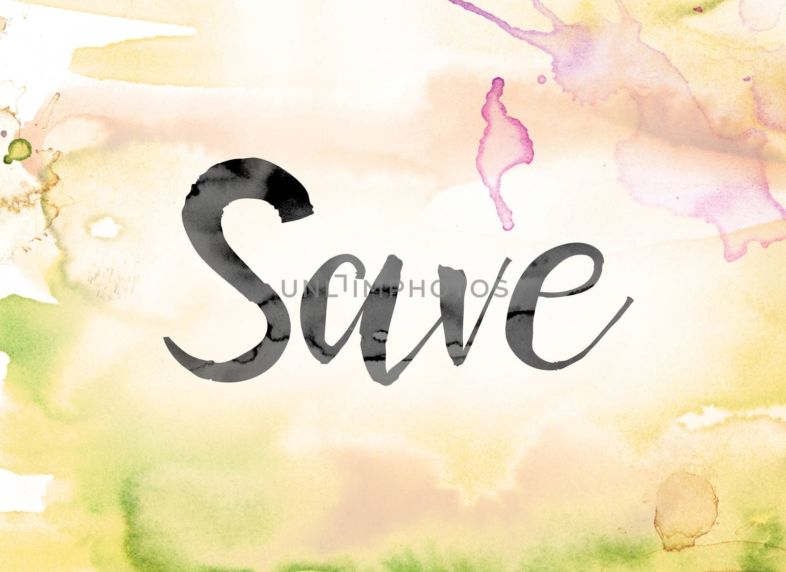 The word "Save" painted in black ink over a colorful watercolor washed background concept and theme.