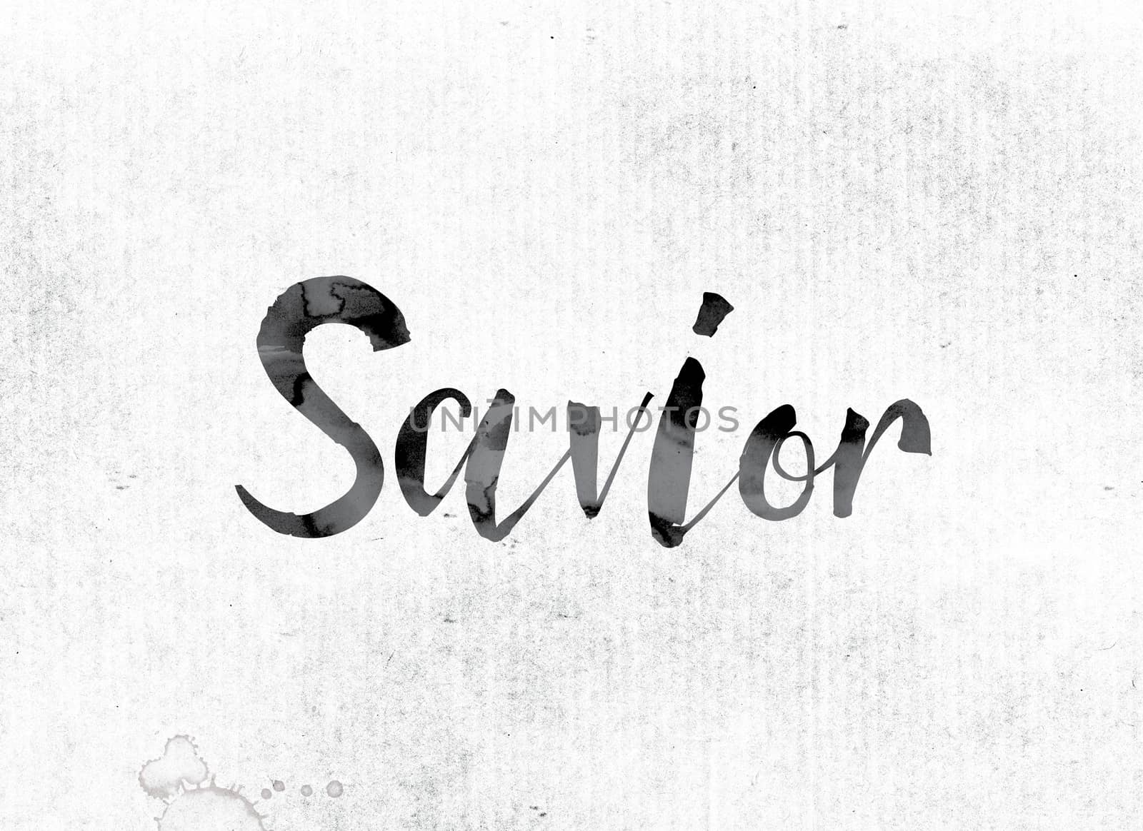 The word "Savior" concept and theme painted in watercolor ink on a white paper.