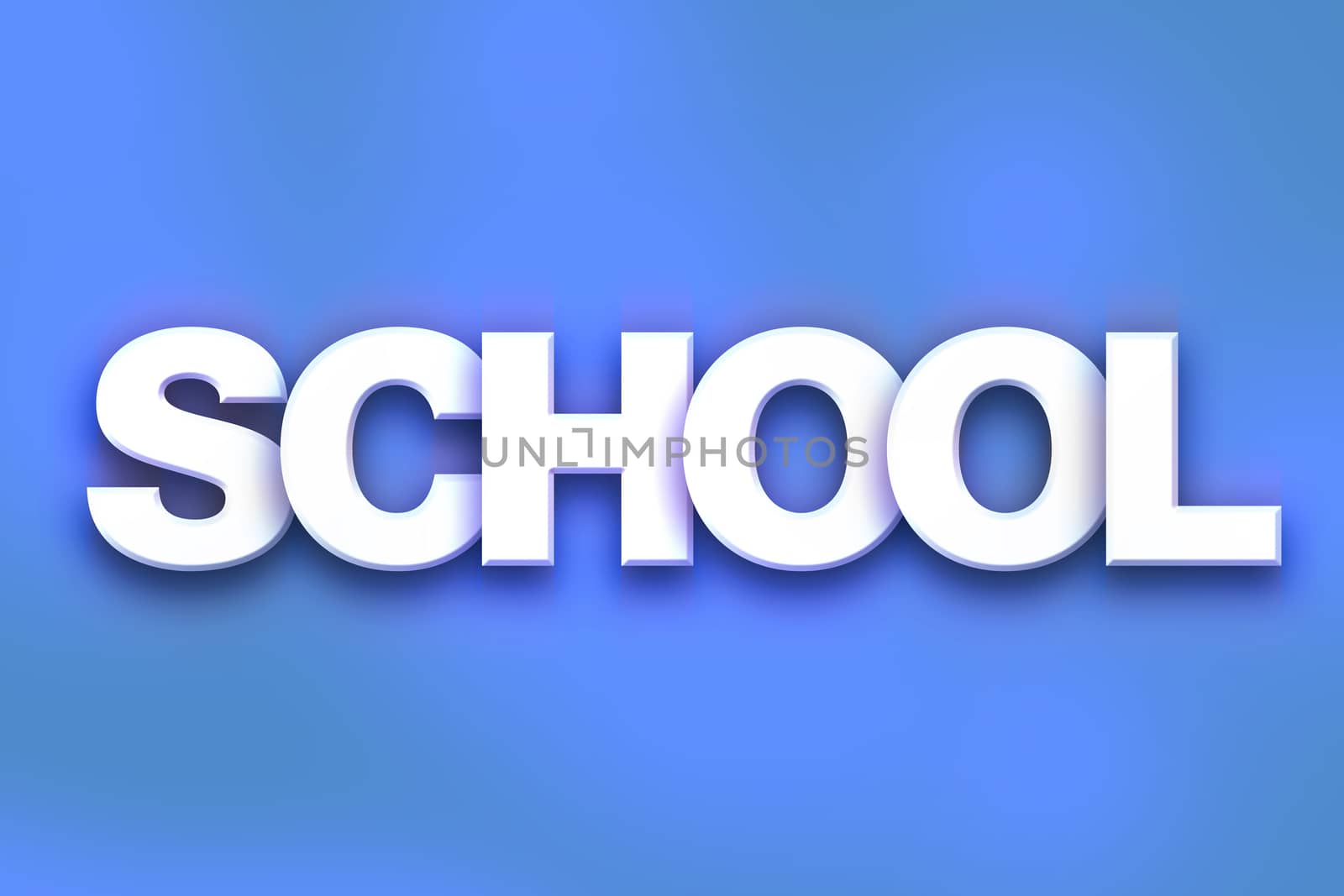 The word "School" written in white 3D letters on a colorful background concept and theme.