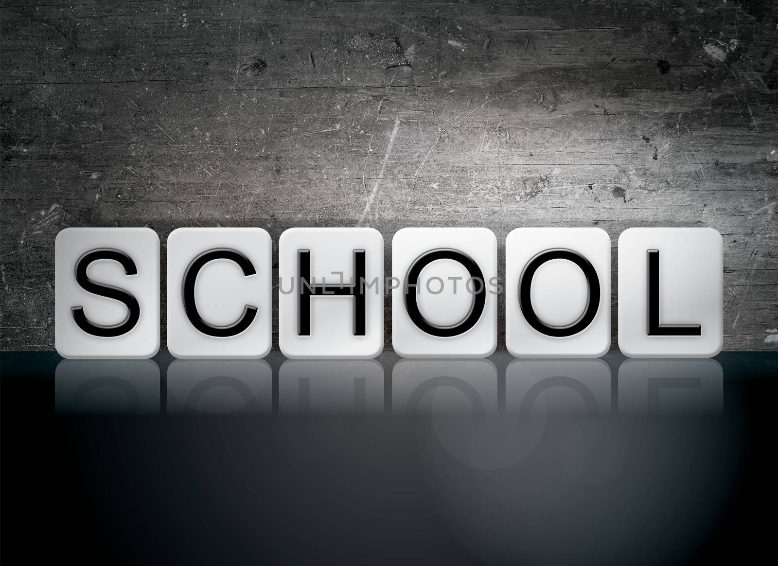 The word "School" written in white tiles against a dark vintage grunge background.