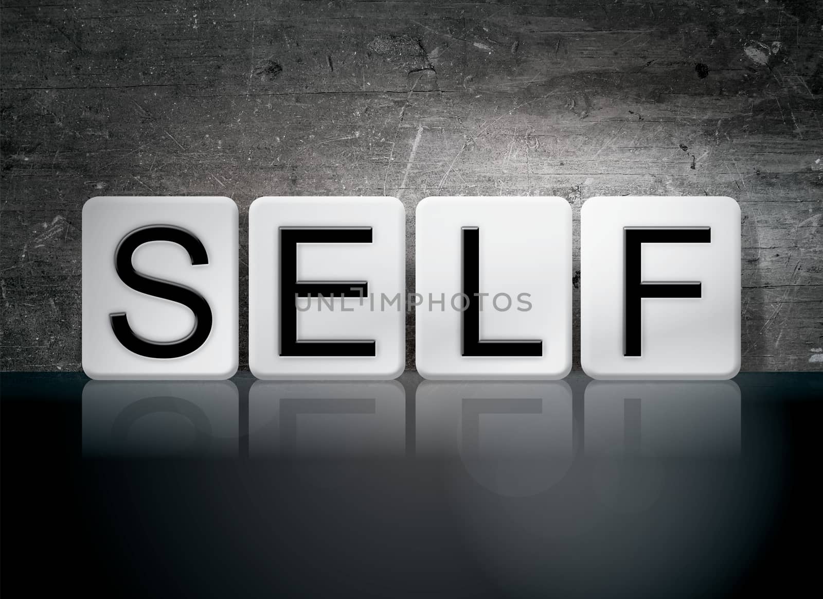 The word "Self" written in white tiles against a dark vintage grunge background.