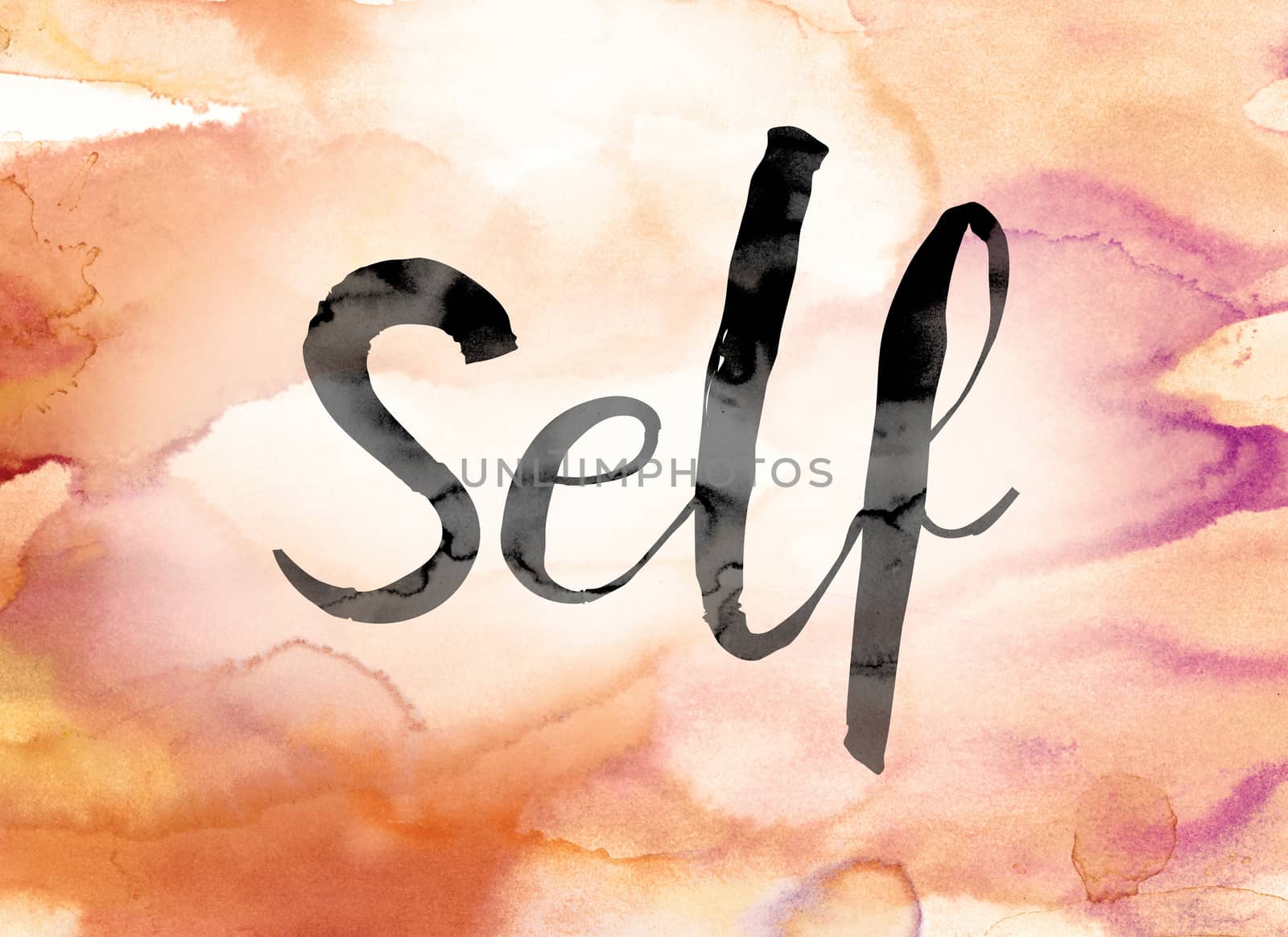 The word "Self" painted in black ink over a colorful watercolor washed background concept and theme.